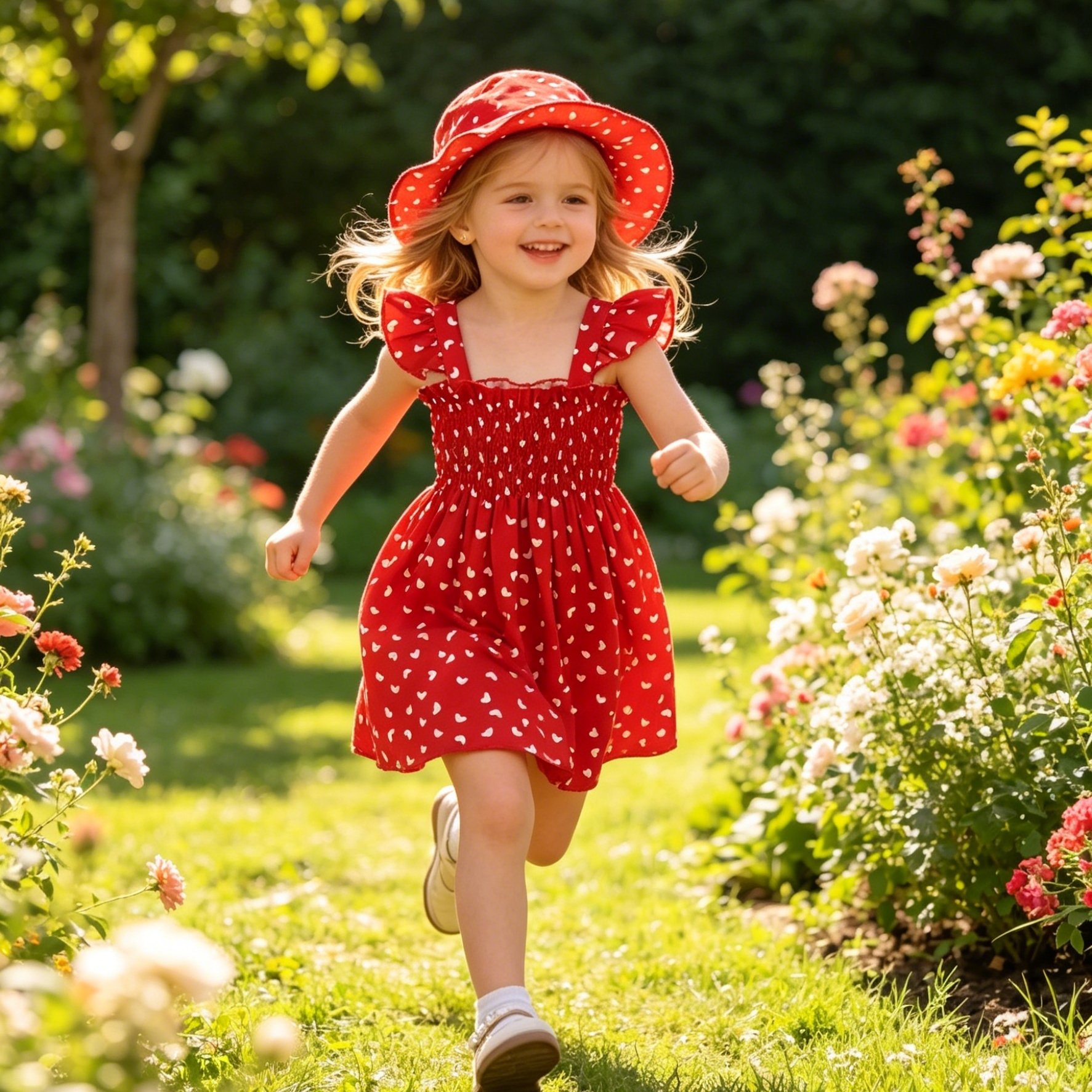 Image of Little Girl's Smocked Waist Dress With Random Print And Sun Hat