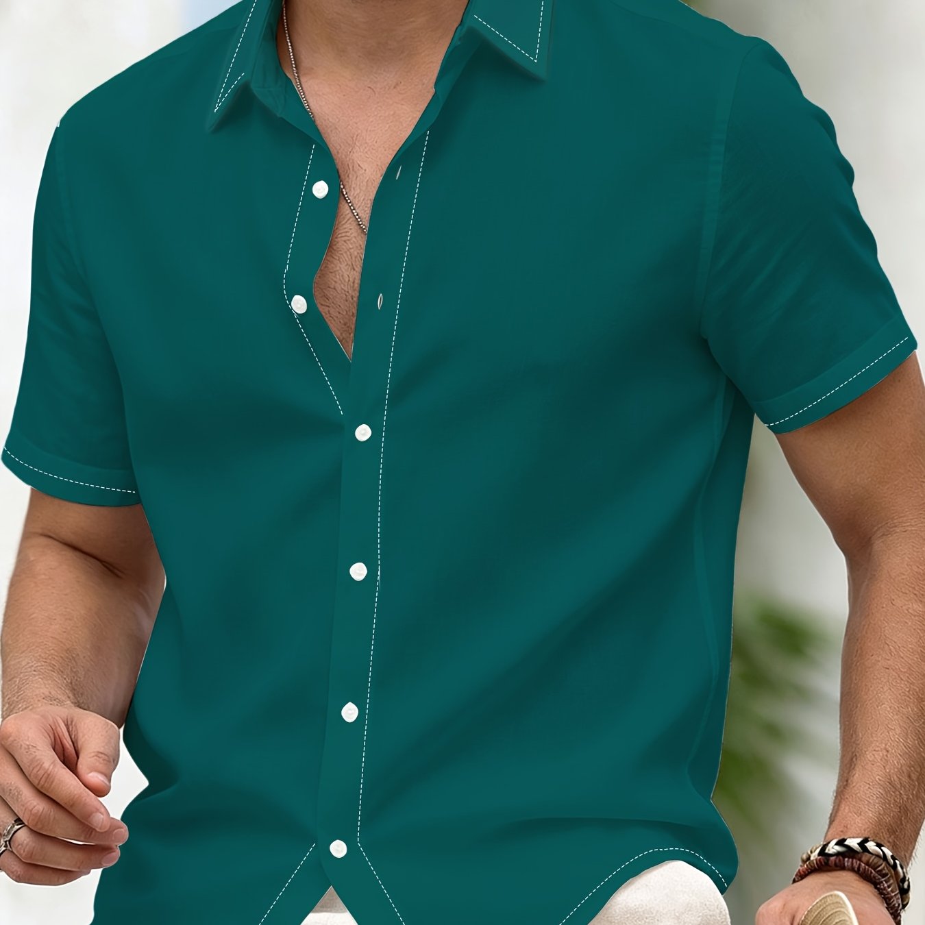 TEMU Hawaiian Style Shirt For Men, Casual Peacock Green Short-sleeve Shirt With Button- Collar, Comfortable And Soft Fabric, For Daily Wear, Beach