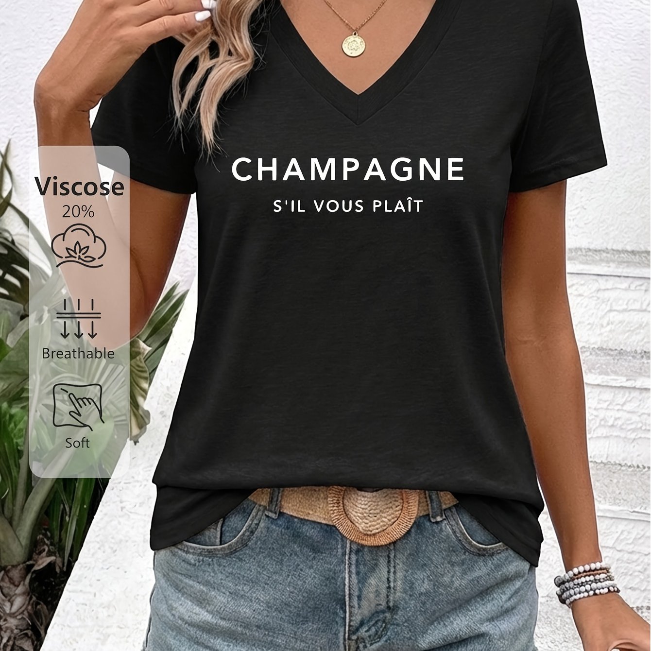 TEMU Ladies' Colored V-neck French Slogan Short-sleeved Shirt, "champagne S'il Vous PlaÃ®t" Exquisite And Elegant, Natural Colored Breathable And