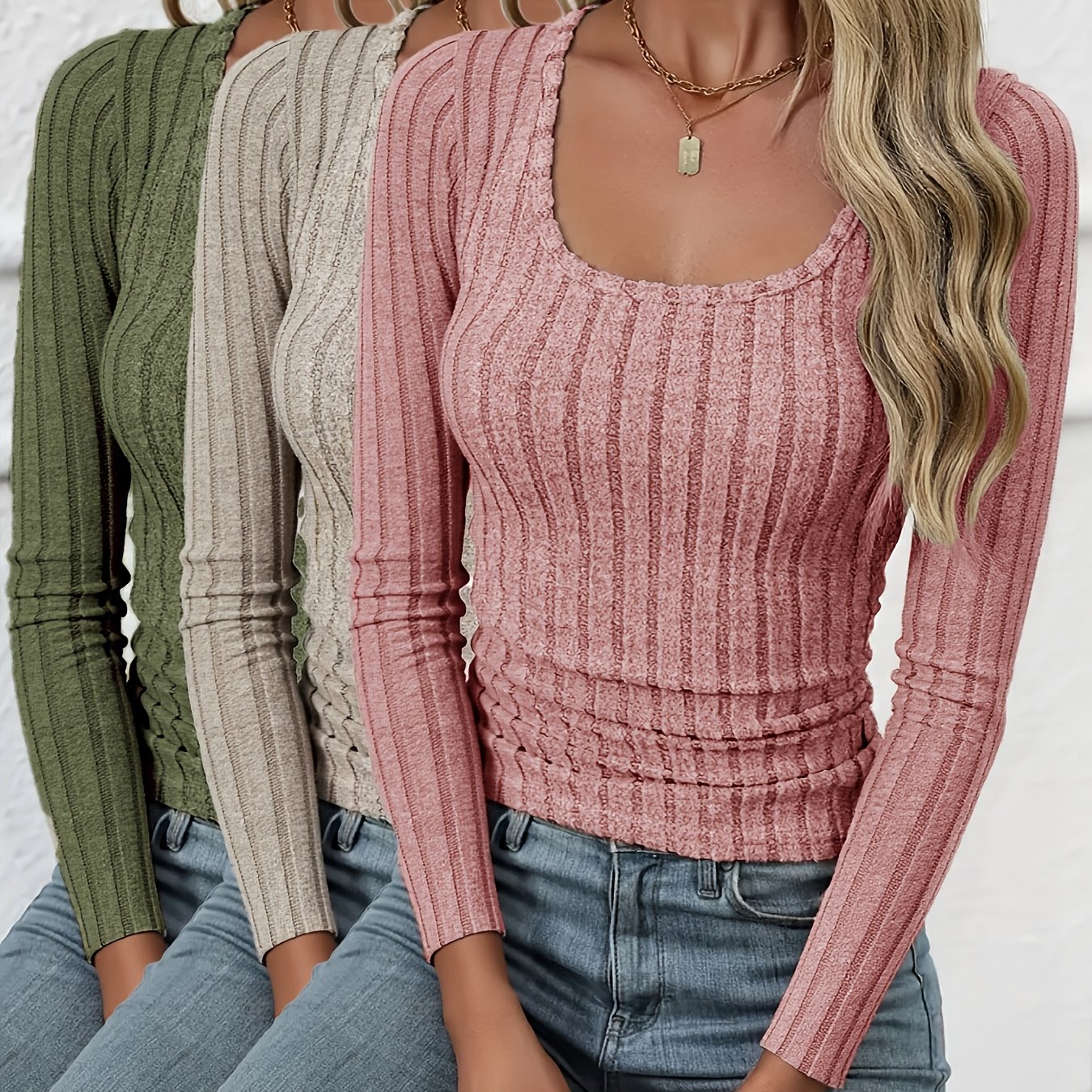 TEMU Women’s 3 Piece Solid Color Ribbed Long Sleeve Tops Autumn Winter