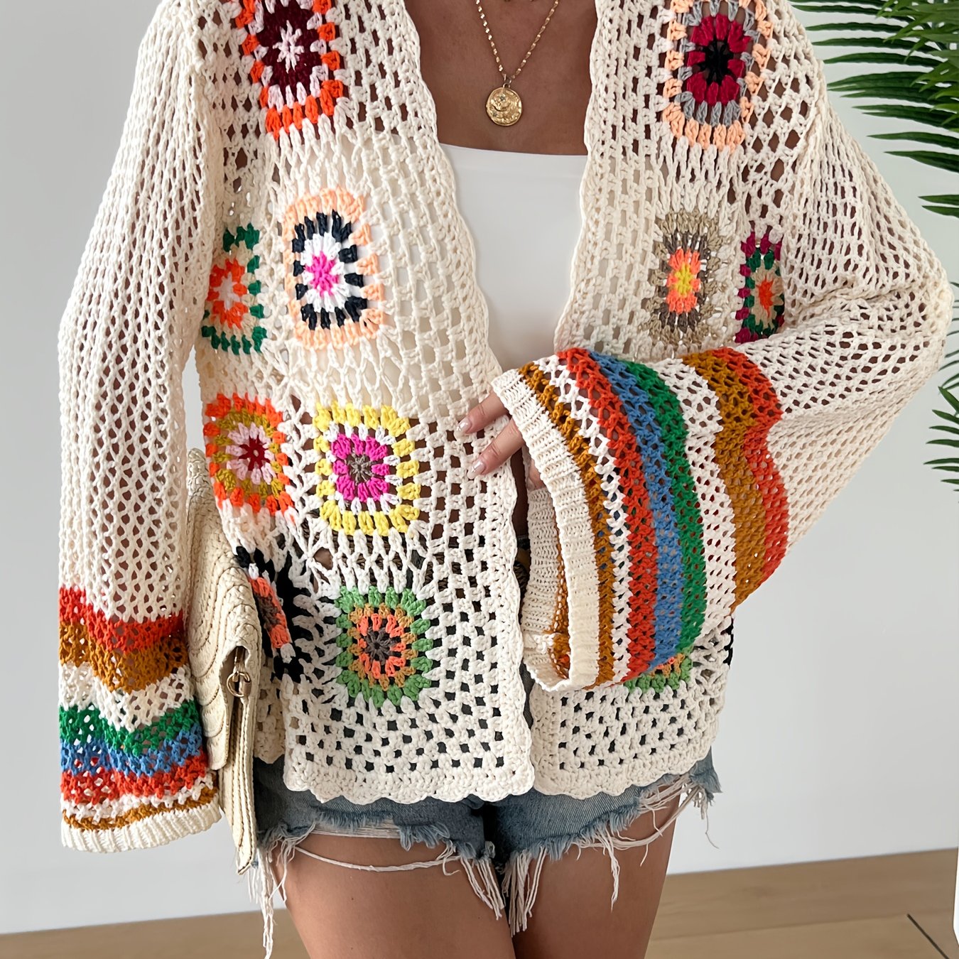 Floral Crochet Open Front Cardigan, Vacation Bell Sleeve Hollow Out Cardigan For Spring & Fall, Women's Clothing