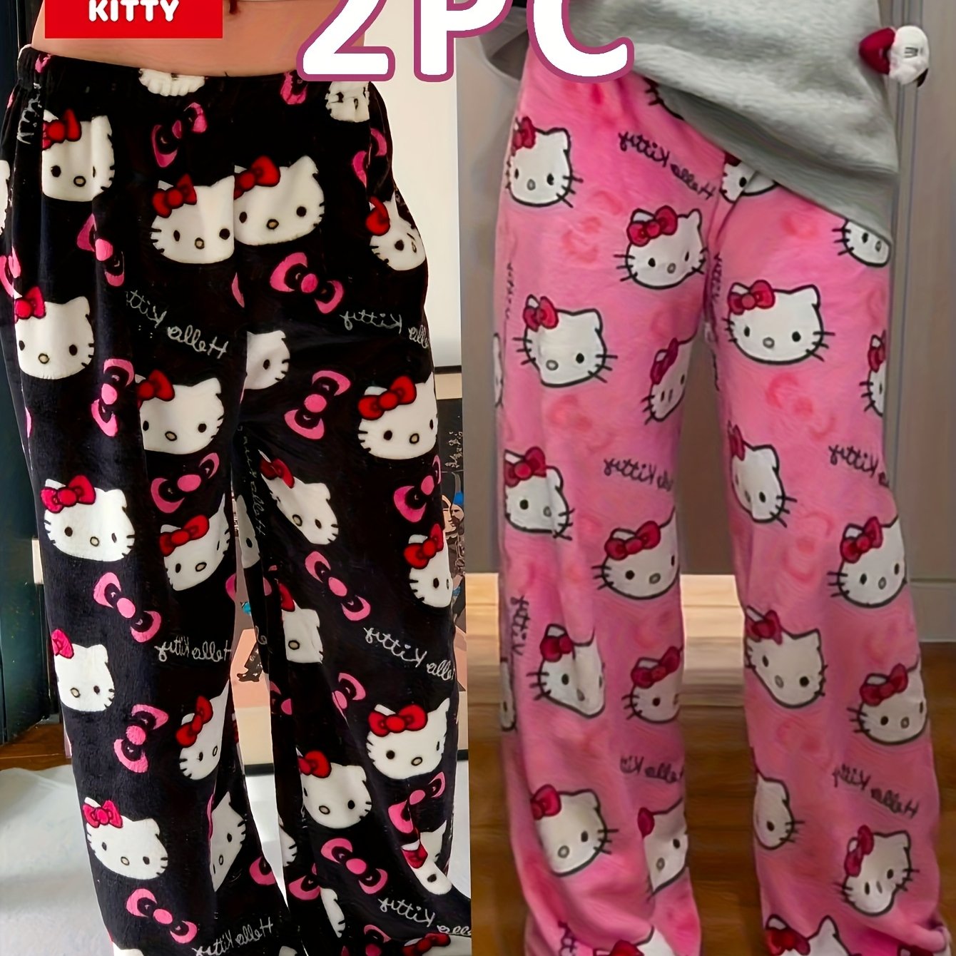 Image of Authorized Hello Kitty Set For Women, Featuring 2 Pieces Of Warm Flannel Loungewear Suitable For Autumn And Winter, With Wide-leg Long Pants That Worn . In Multiple Colors