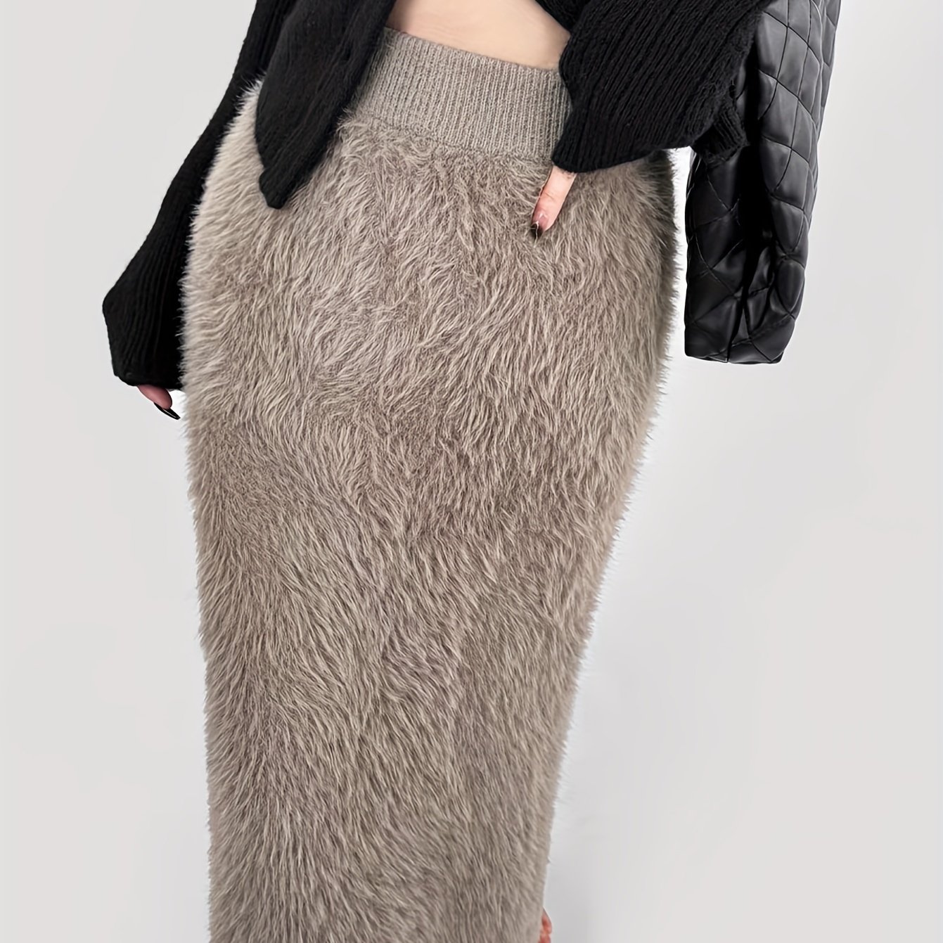 TEMU Fuzzy Solid Color Elegant Skirt, High Waist Ankle Length Skirt For Fall & Winter, Women's Clothing