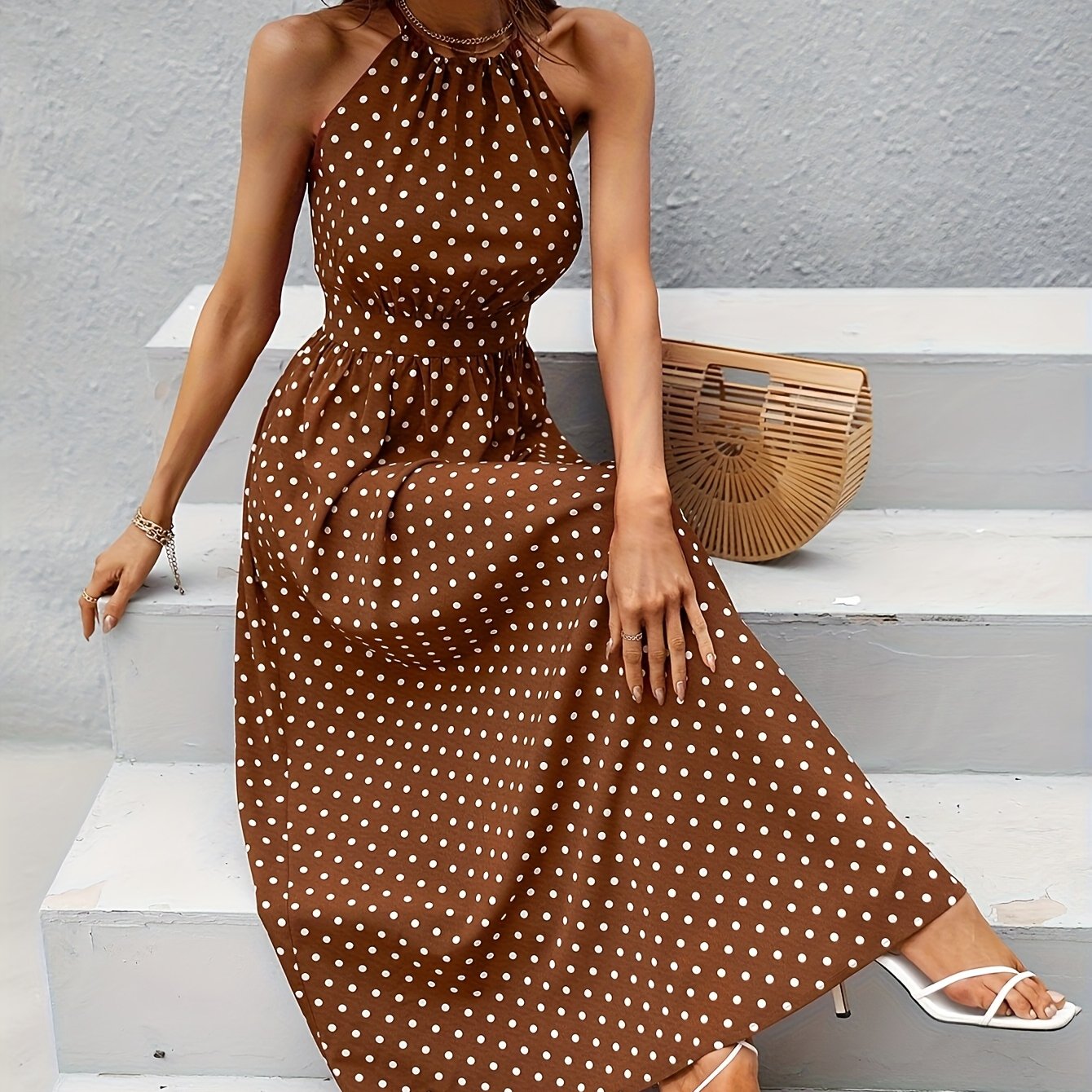 Image of Women's Elegant Polka Dot Dress, Sleeveless Off-shoulder, Waist-cinching Long Dress