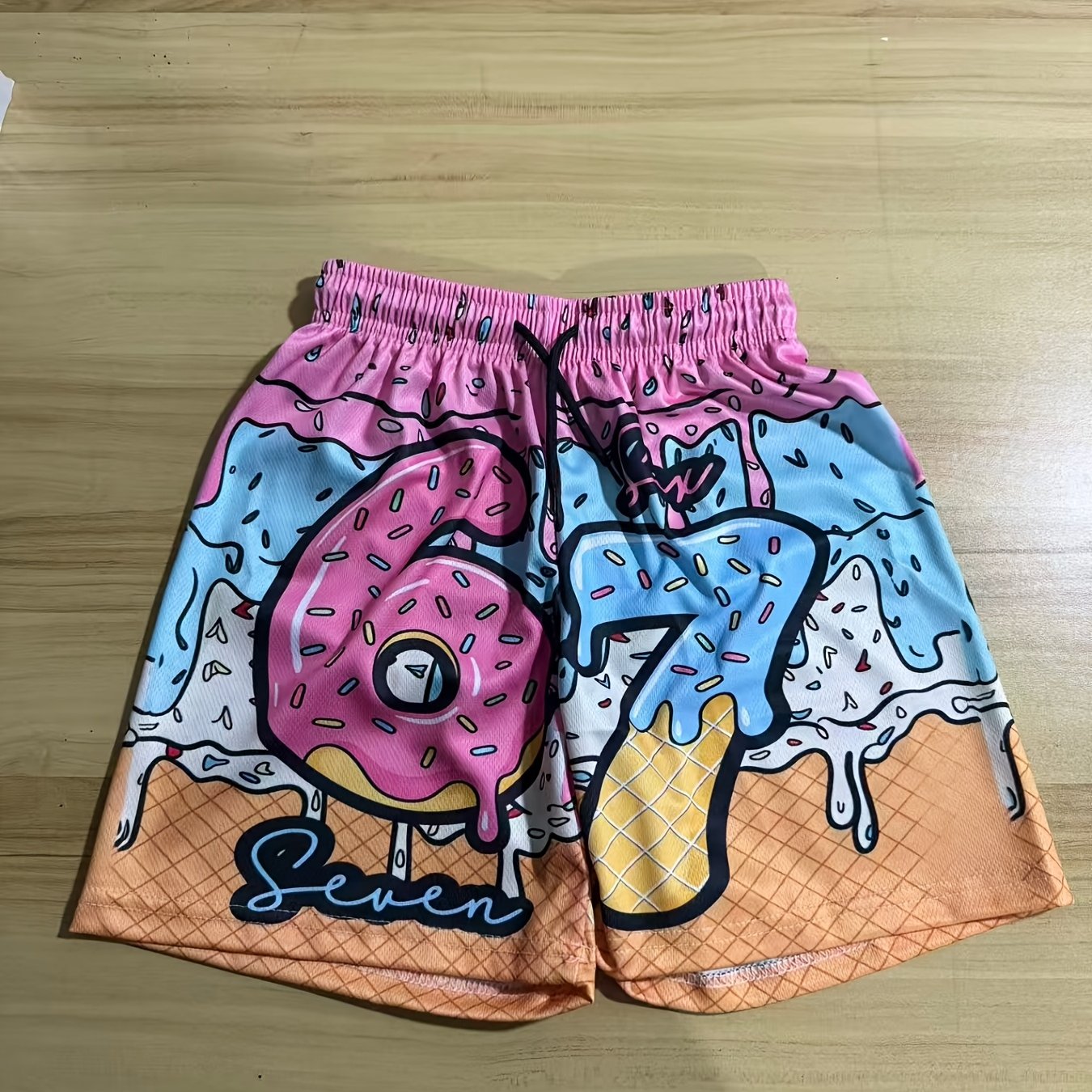 Doughnut Ice Cream Number 67 Printed Pattern Boys' Fashionable Swim Trunks Loose Shorts Beach Pants