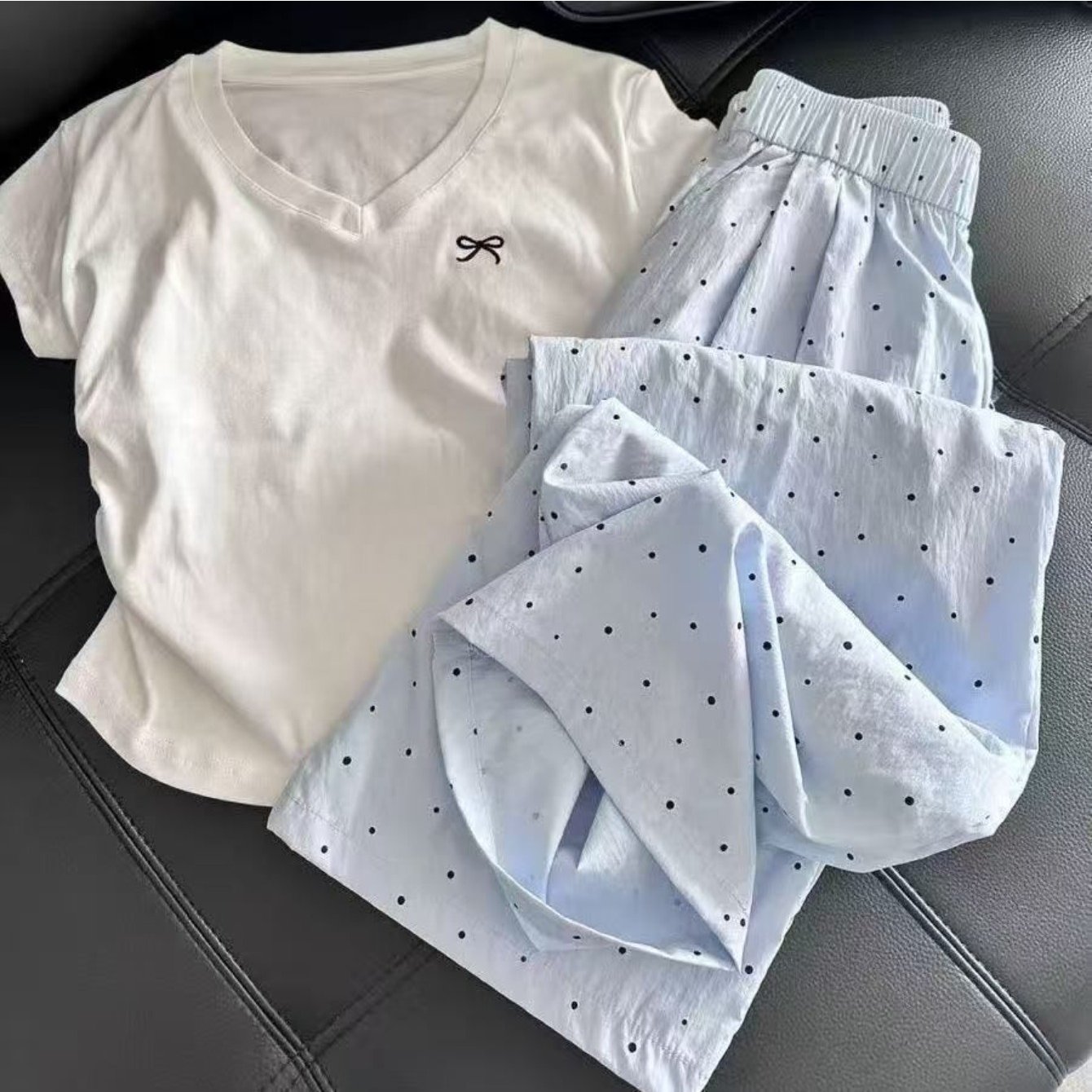 TEMU Summer Dopamine Pajama Set For Women, V-neck Bow T-shirt & Polka Dot High Waist Wide Leg Pants 2pcs Loungewear Outfit