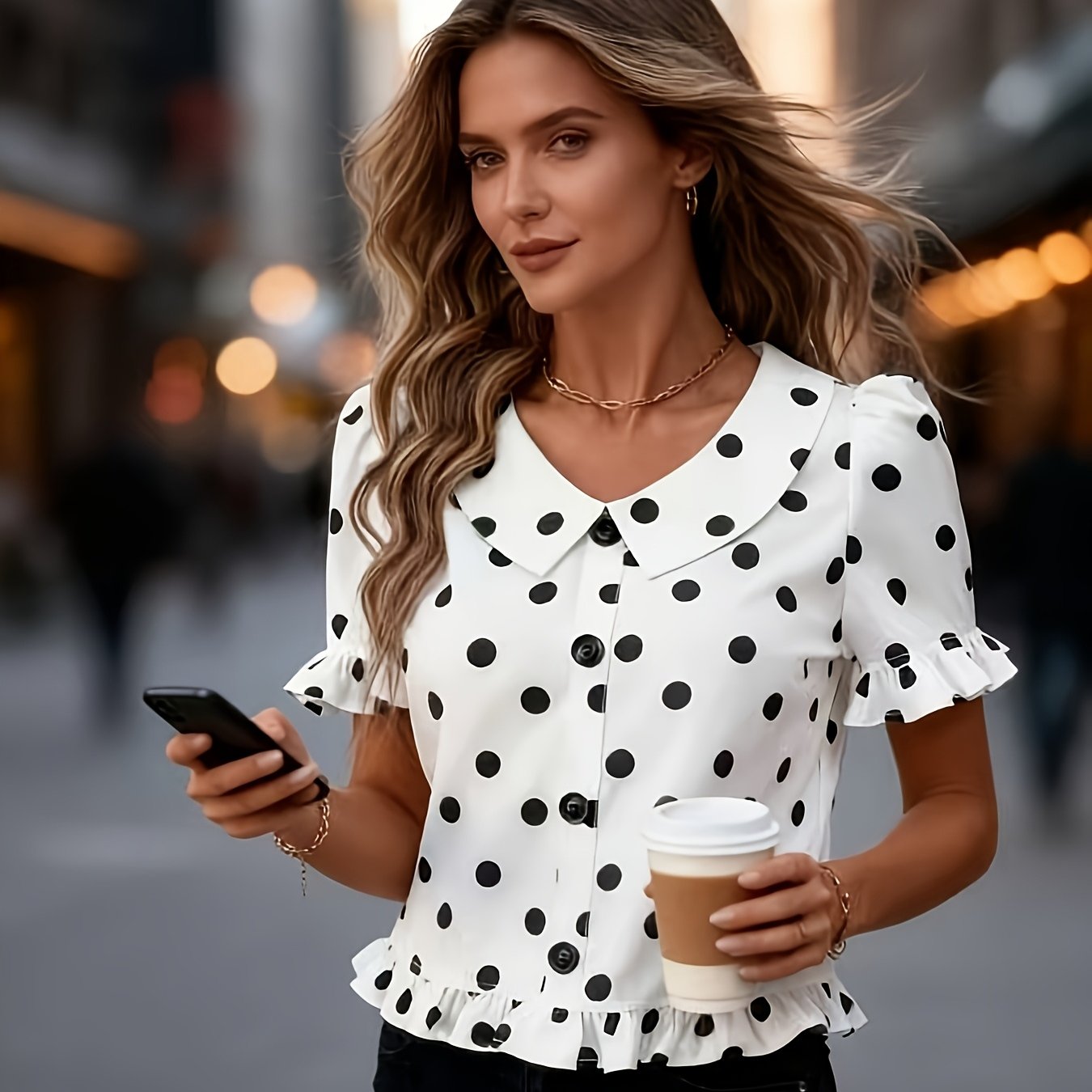 E-shop Elegante Damenbluse mit V-Ausschnitt, Polka-Dot-Print und Rüschenborte, elegantes Sommeroutfit, geeignet für Damenurlaub, Business Casual, süße