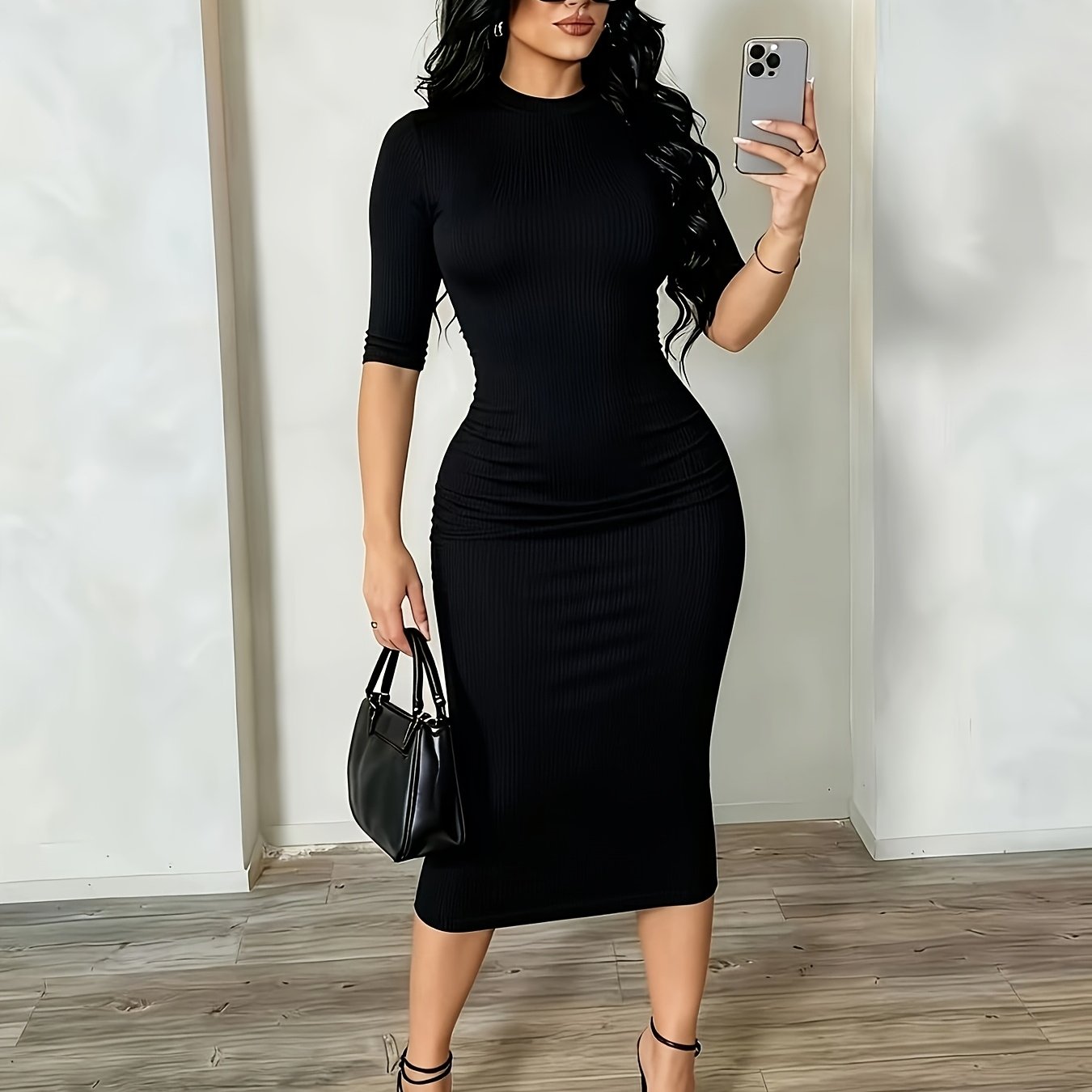 TEMU An Elegant Waist-defining Dress For Women, Featuring A Round Neckline And Five-point Sleeves, With At The Waist. As A Base Layer, Suitable For , And Is Versatile For Work And Social