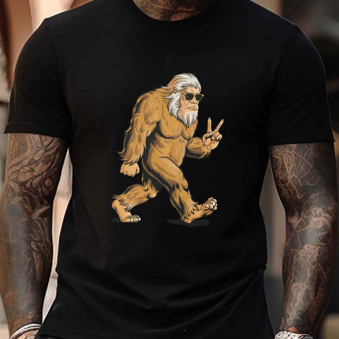 TEMU Men's Plus Size Casual T-shirt, Rock Sasquatch With Glasses, Geometric Pattern, Crew Neck, Regular Fit, 100% Polyester Knit Fabric, Slight Stretch, Summer Wear, / M² - White