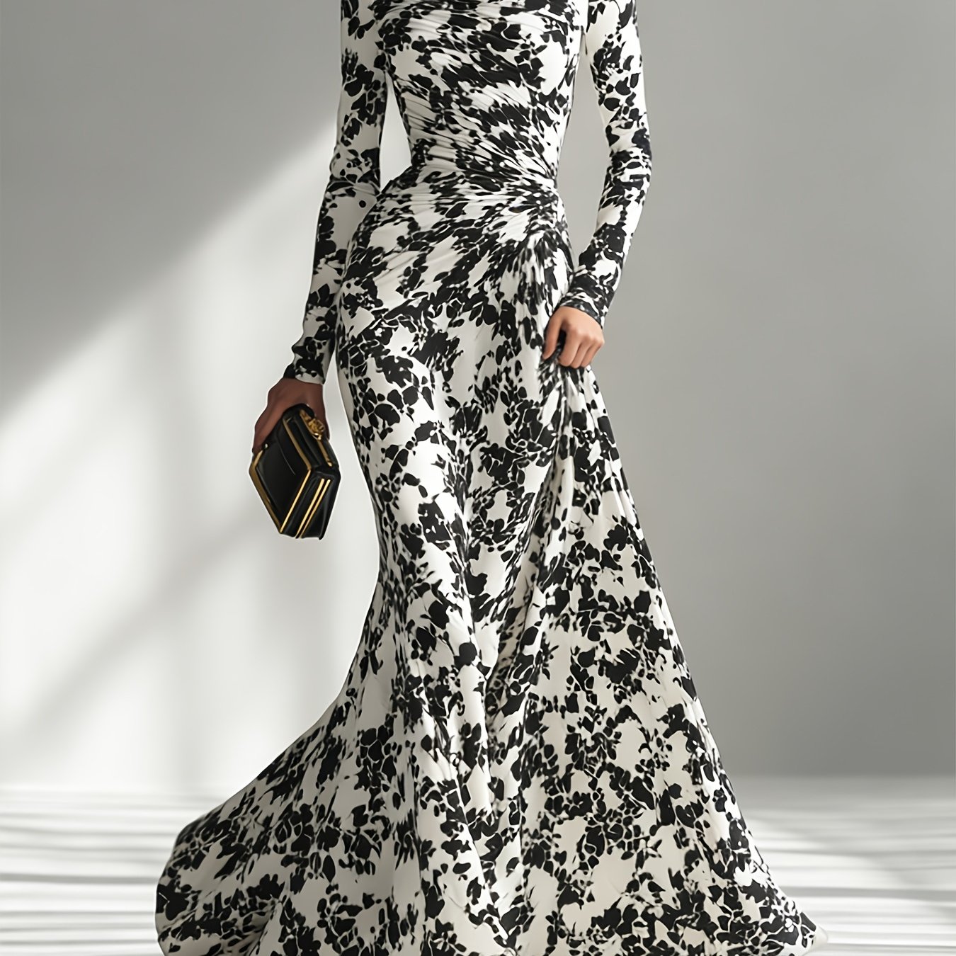 TEMU Elegant Special Women's Fashion Floral Print High Collar Long Sleeve Slim Long Dress Women's Elegant Dress Evening Banquet Dating Temperament