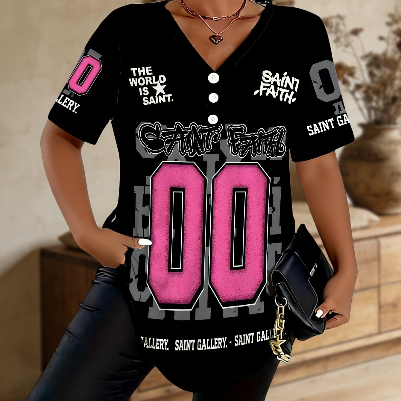TEMU Plus Size, Plus Size Women's Saint Faith Trendy V-neck Three-button T-shirt, Black And Pink Contrast Print, Size 00 Short Sleeve Top