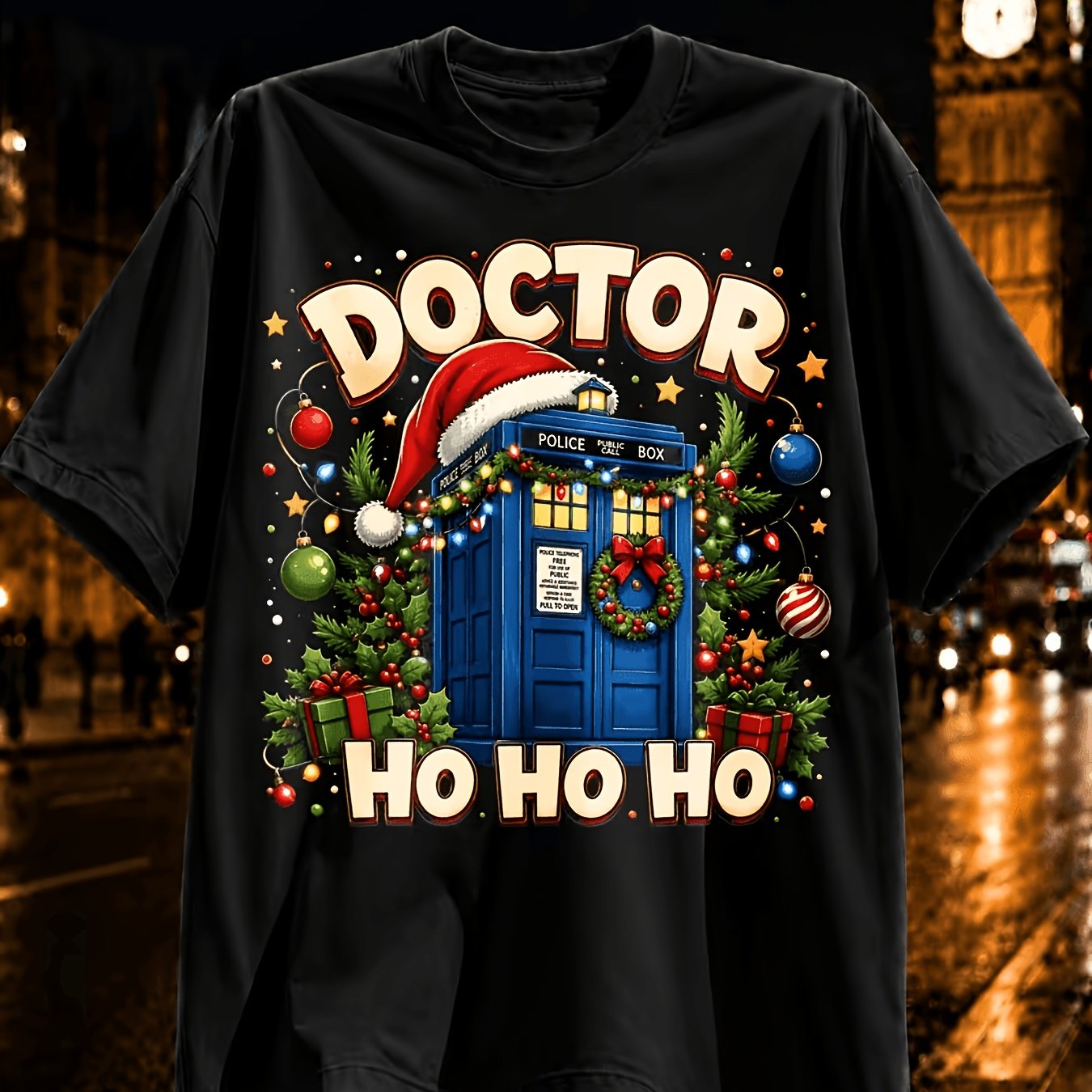 TEMU Vibrant Holiday Pattern, Blue Police Box Wearing Santa Hat, Frame With Christmas Tree And Gifts; Text Unisex T-shirt
