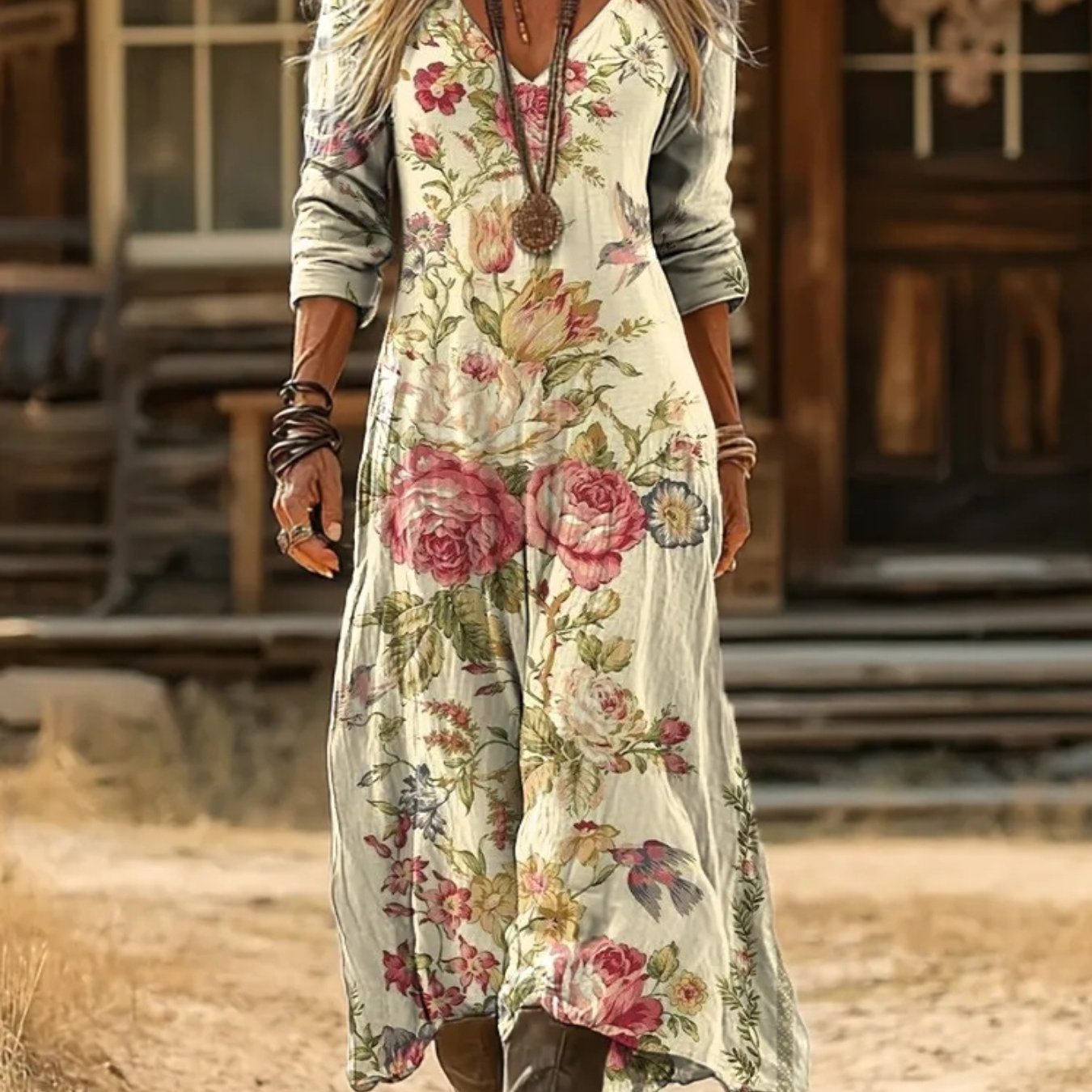 Image of Plus Size, Women's Vintage European V-neck Maxi Dress With Rose & Bird Botanical Print - Base Suitable For Western Pastoral Wedding Guest Dress, Outfits, Machine Washable Loose Straight Maxi Dress
