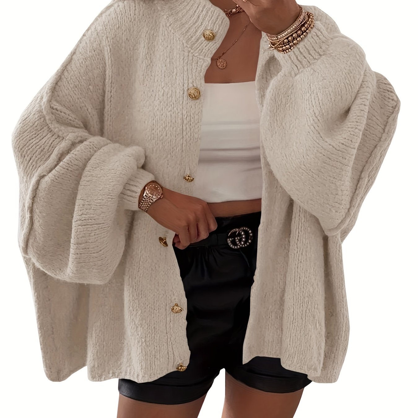 E-shop Damen Kurzarm Laternenärmel Strickjacke Knopfleiste Offene Vorderseite Pullover Langarm Lockerer Mantel Herbst Winter Jacke