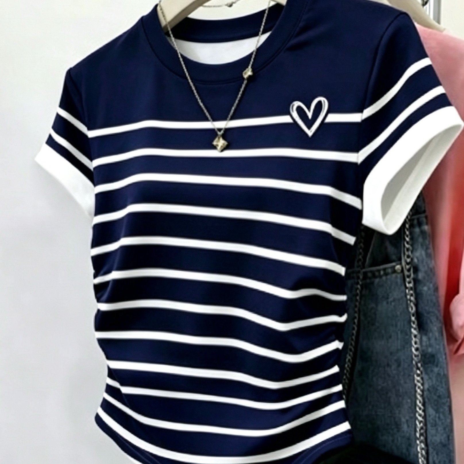 TEMU 여성 여름용 얇은 한국 스타일 대비 반팔 라운드넥 하트 프린트 티셔츠