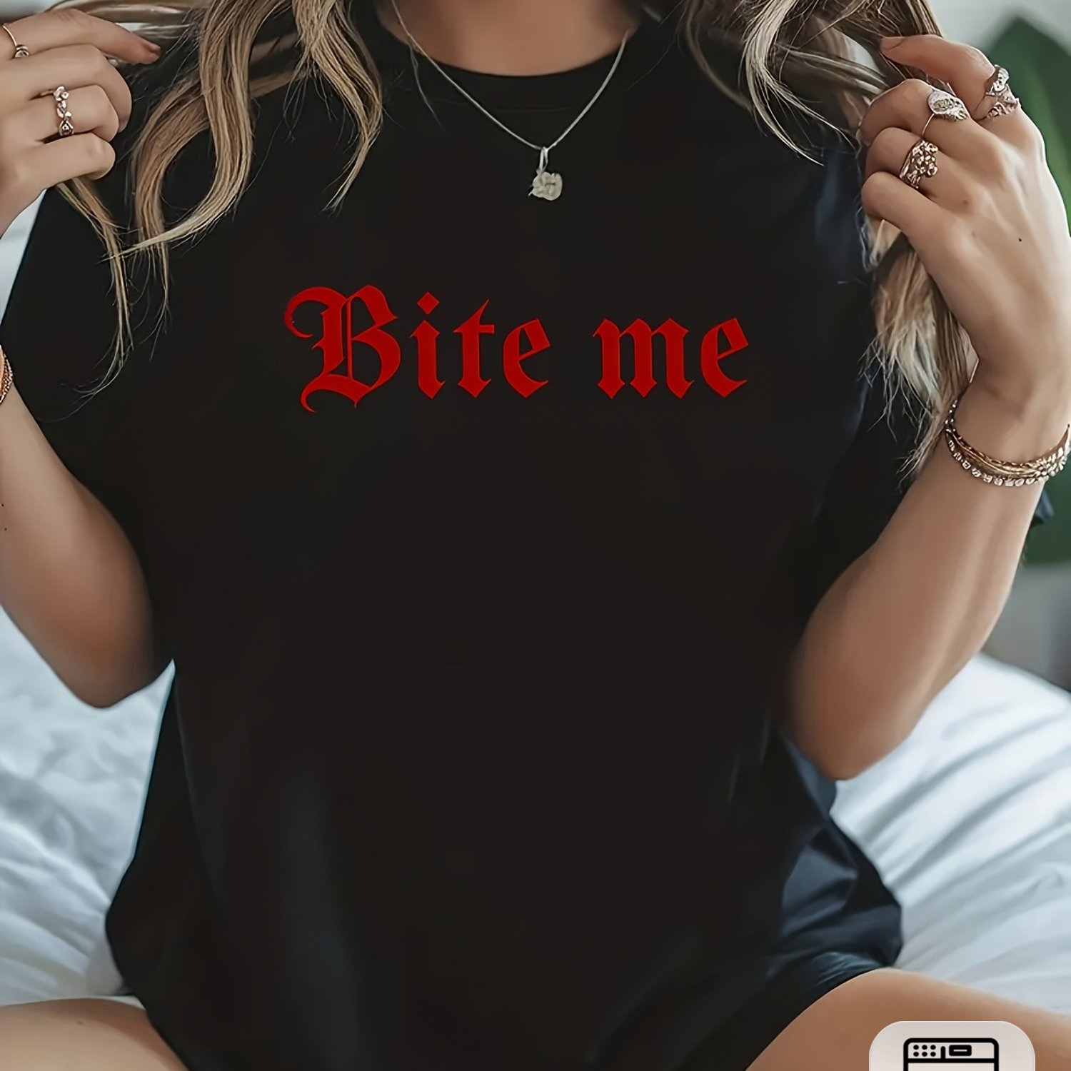 TEMU Plus Size, Gothic Style '' Letter Pattern Printed Women's T-shirt, Casual Round Neck, Fabric, Regular Length, Suitable For , Machine Washable