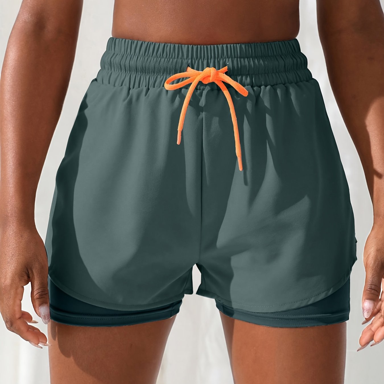 Image of Women's Anti-exposure High-elastic Quick-drying Yoga Casual Shorts, Fake Two-piece Drawstring Three- Pants, Running Breathable Sports Shorts