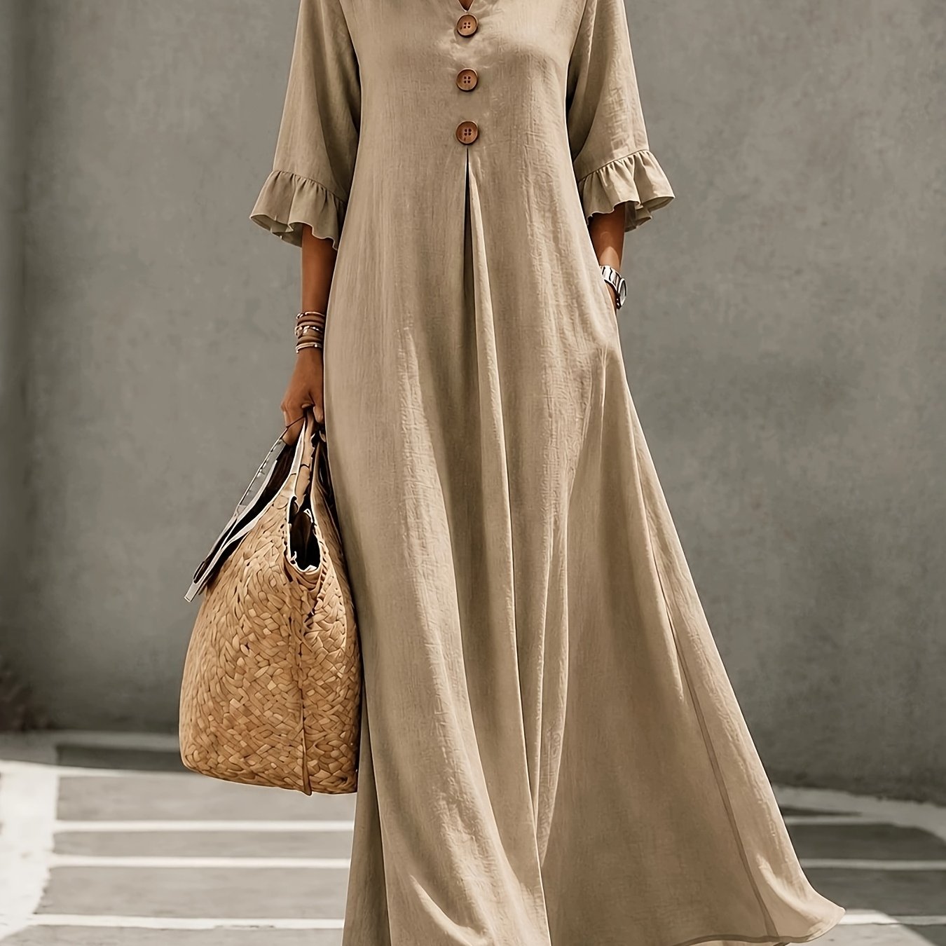 TEMU Plus Size, Plus Size Women' Maxi Dress, Casual Vacation Button Front Notched Neck Ruffle Sleeve Loose Flowy Dress