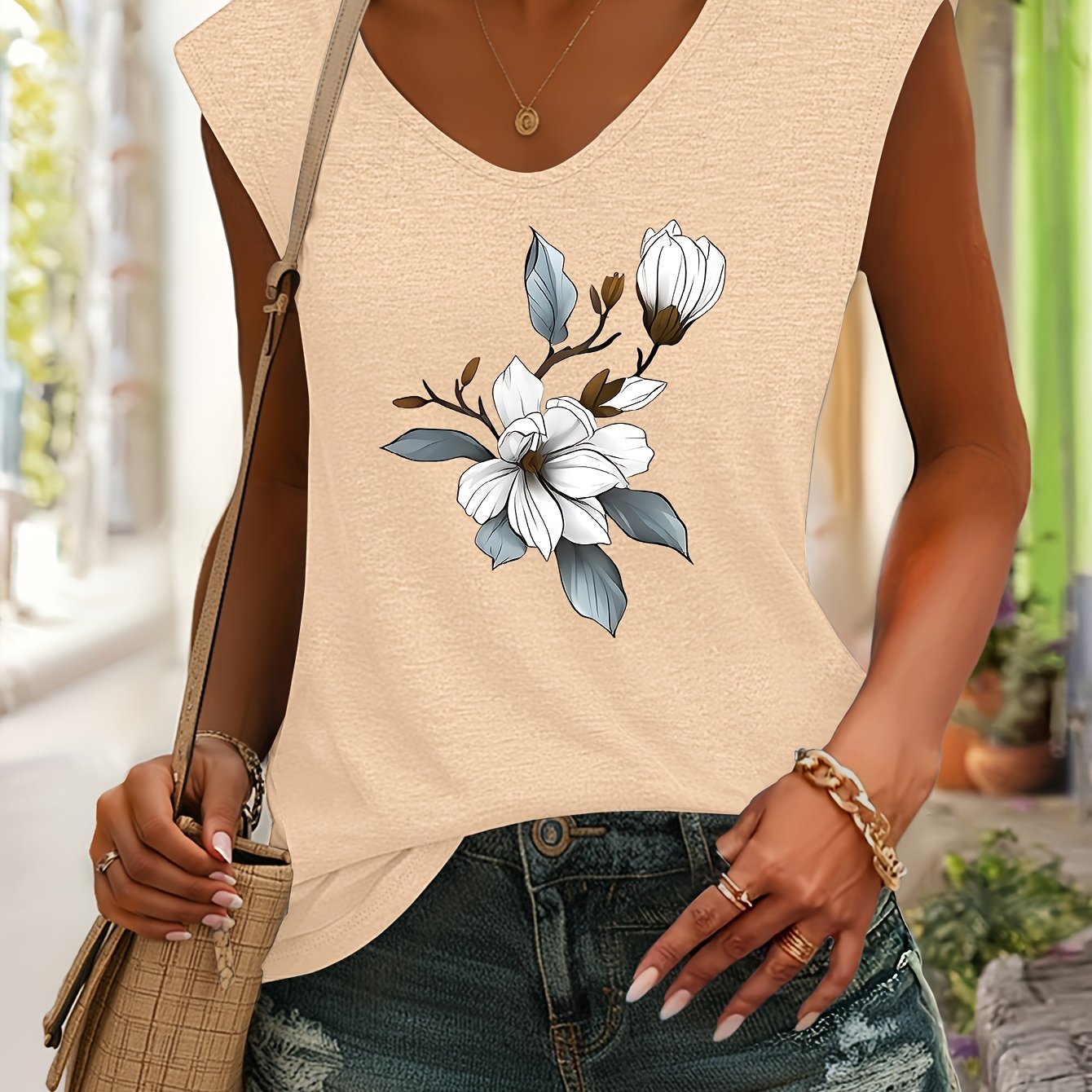TEMU Elegant And Pure, All-match Sleeveless Tank Top T-shirt With Magnolia Pattern Featuring Branches And Flower Buds, Comfortable And Breathable