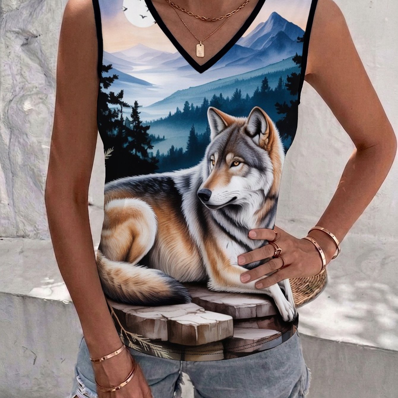 TEMU Wolf Women' V-neck Elegant Tank Top, Suitable For Women Casual, Daily Wear, , Fashionable For Summer Beach, Vacation