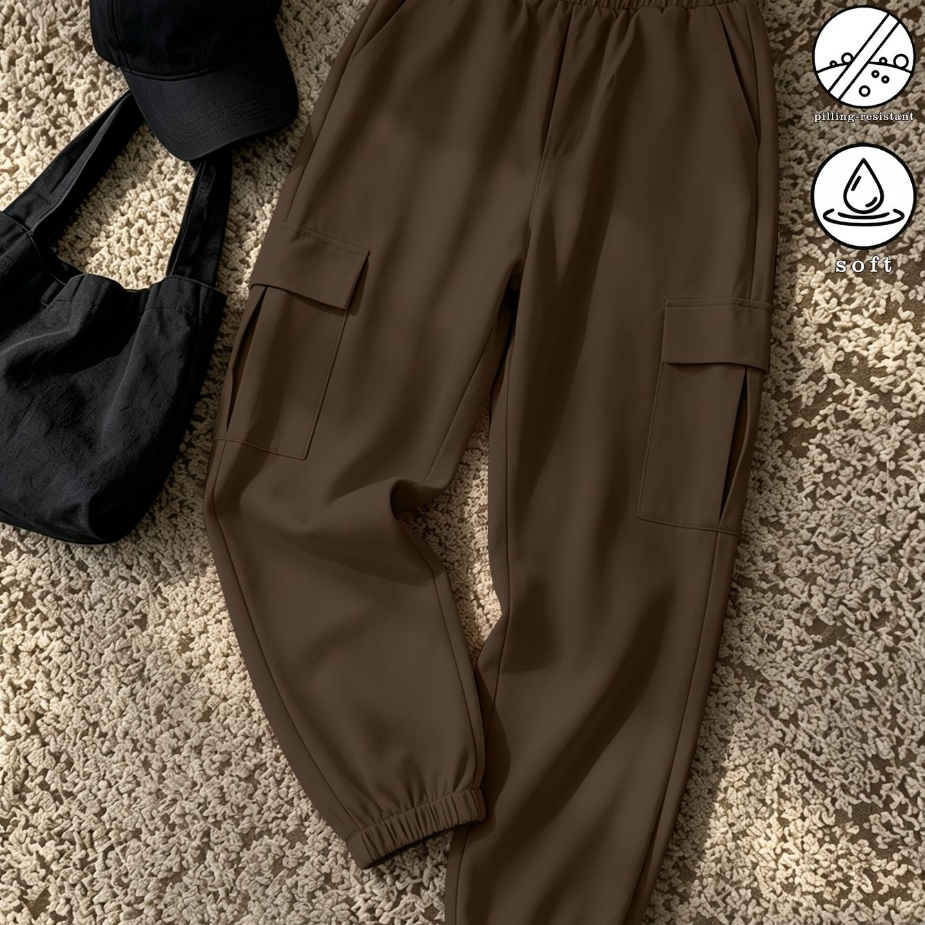 TEMU Vintage Women's Cargo Jogger Pants, High-waist Elastic Waistband With Large Pockets, Style Versatile And Non-deforming Women's Joggers
