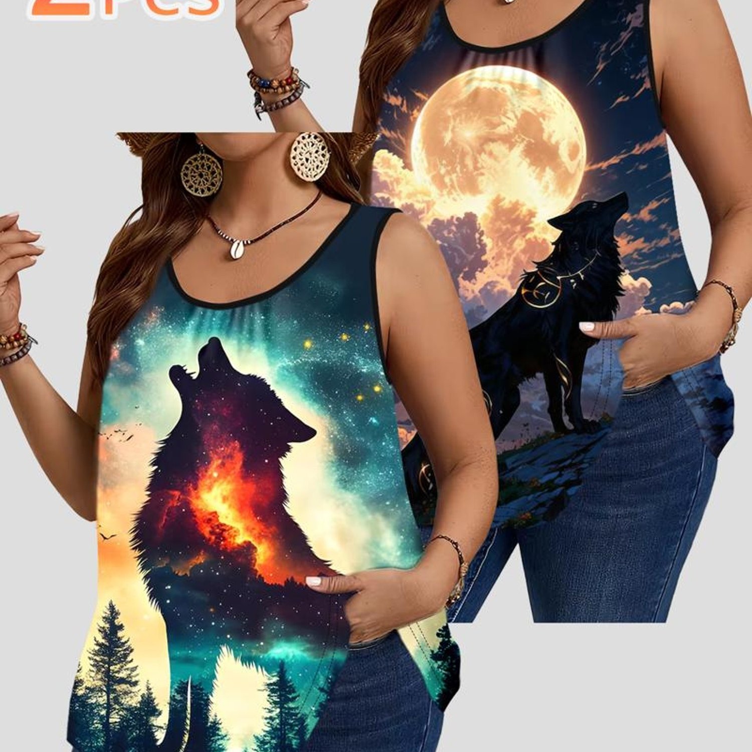 TEMU Plus Size Women's 2pcs Tank Top Set, Wolf And Print, Material, Bohemian Style, Multiple Sizes, Mixed Colors, Casual Daily Wear, Fashionable