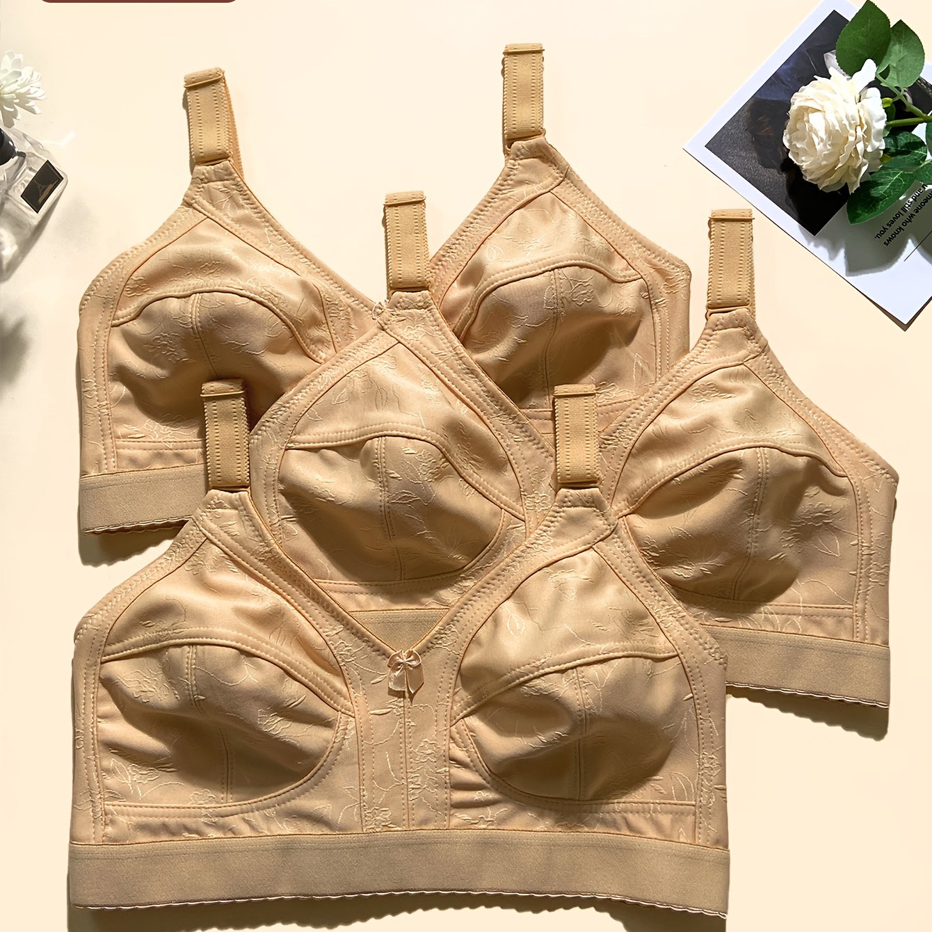 TEMU Ensemble 3 pièces Grande Taille Soutien-Gorge Fin Bordé Broderie Femme Confortable Armatures Maintien du Buste Anti-Coussinets Bretelles