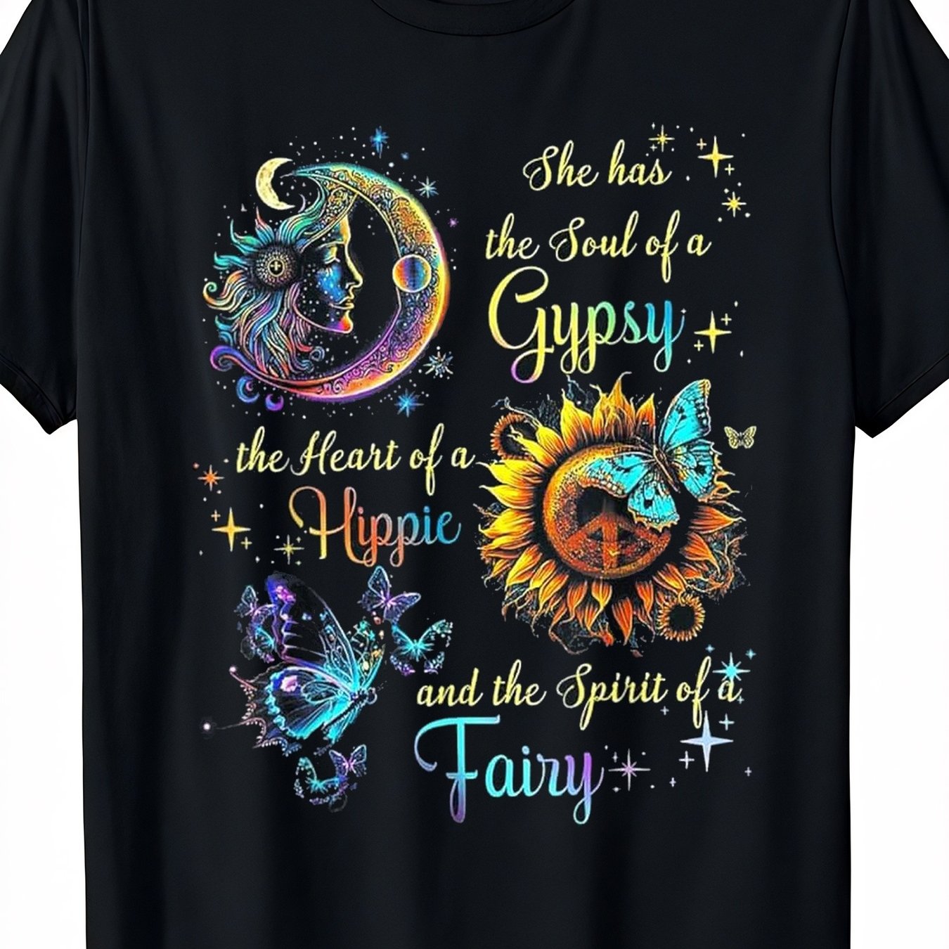 TEMU Plus Size - Women's Retro Bohemian Hippie T-shirt, Black With And Heart Print, Celtic Knot Fairy Horseshoe And Sun And Moon Patterns, Round Neck