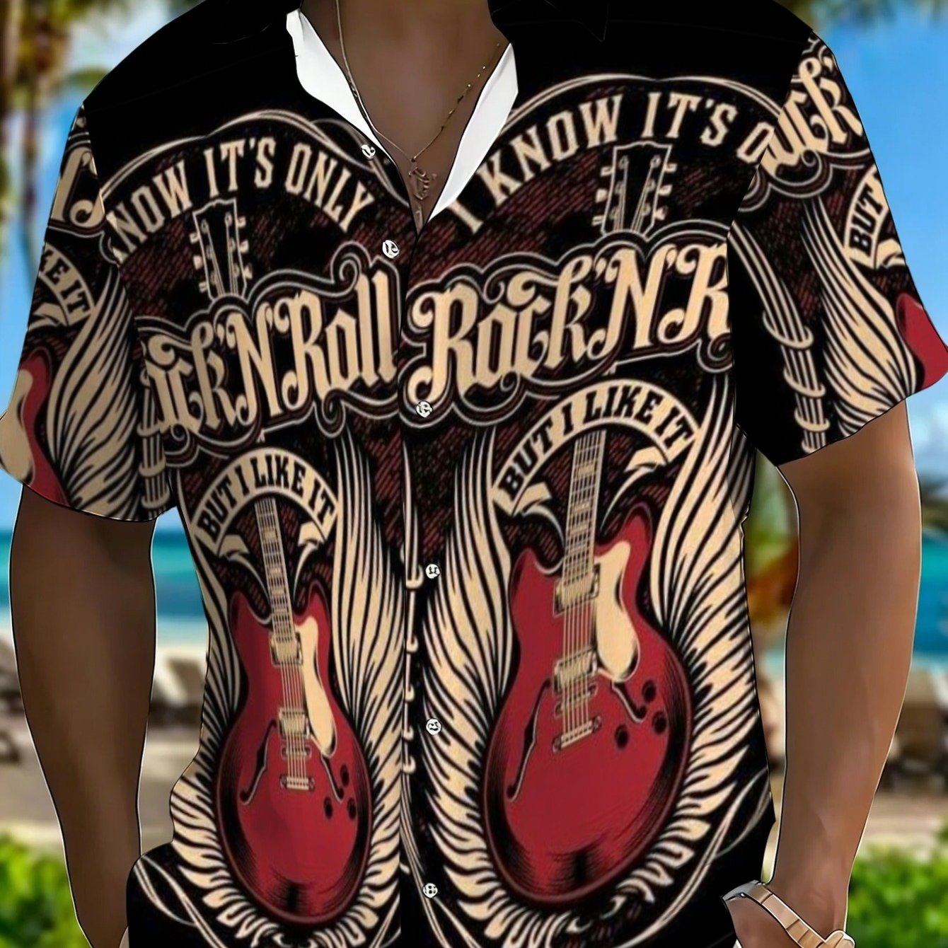 TEMU [printed Design Not Textured] Men's Rock N Roll Shirt, Lightweight Beach Outdoor Wear, Black With Design, Perfect For Parties And Vacation
