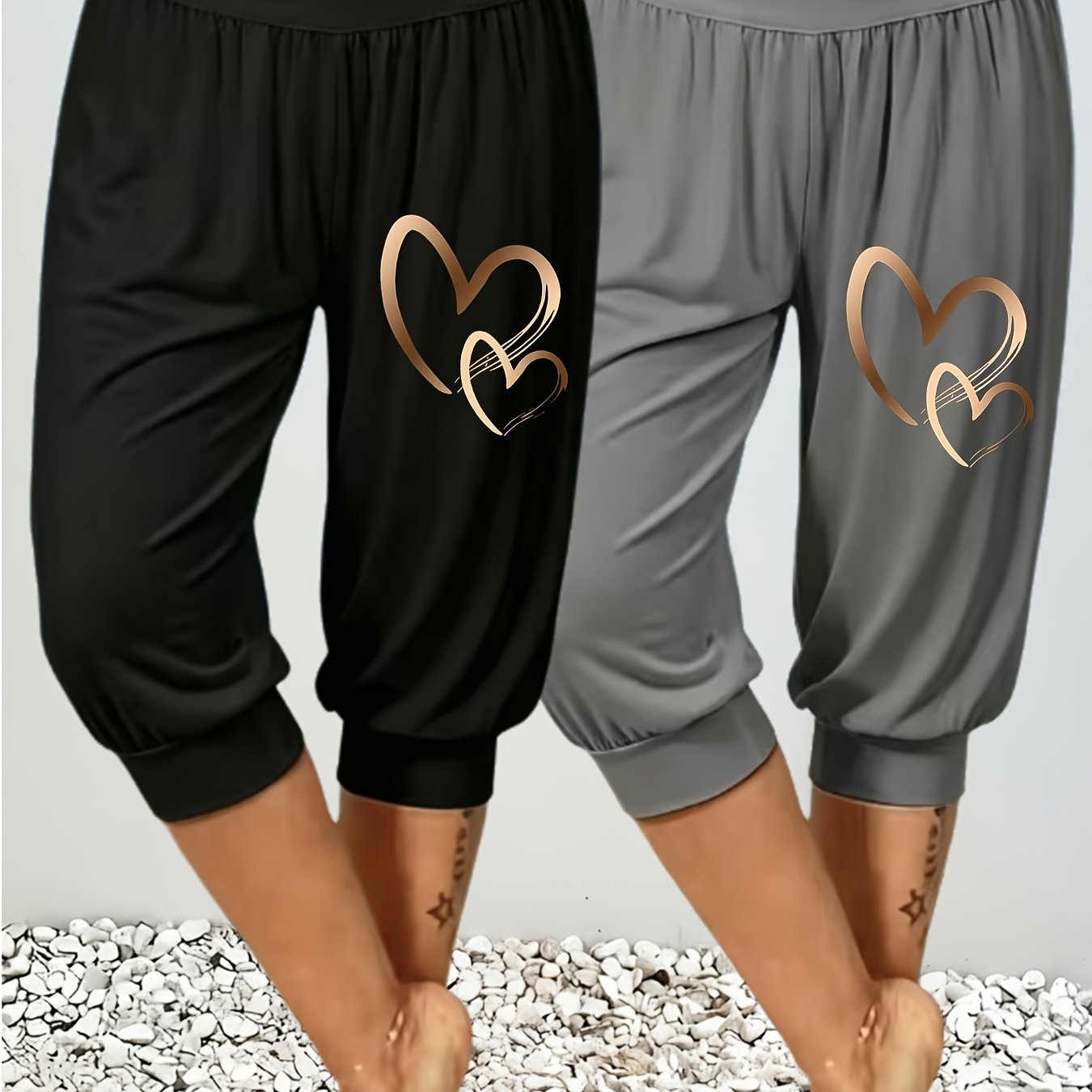 TEMU 2pcs Set Of Western Style Comfortable Breathable All-match Daily Wear Fashion Heart Print Harem Capri Pants Jogging Pants Casual Trousers Pants