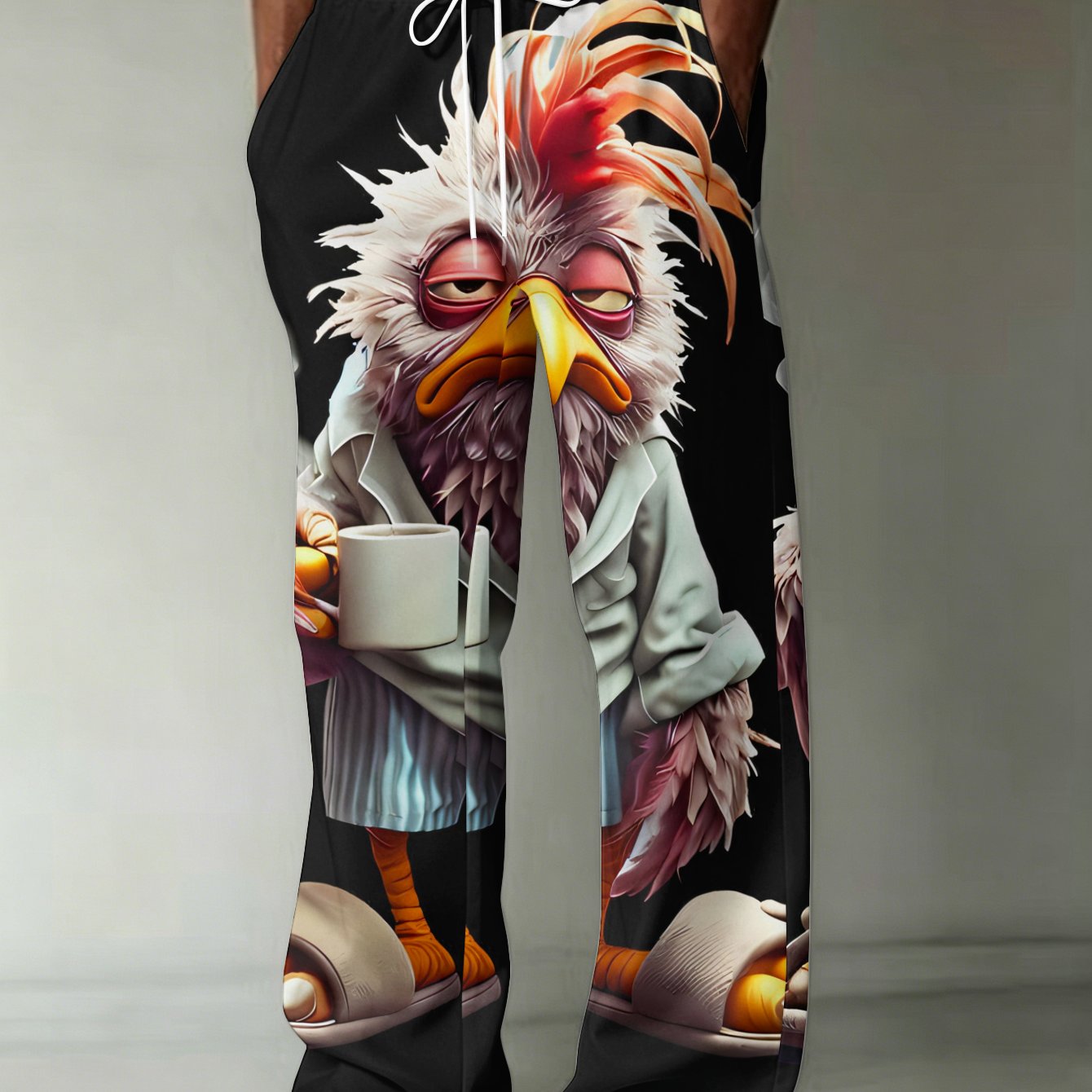 TEMU Fashion Print Men's Long Pants 1pc Cartoon Bird Wearing Pajamas Slippers, Holding Hot Cup, Lazy And Tired Pattern, With Pocket And Drawstring