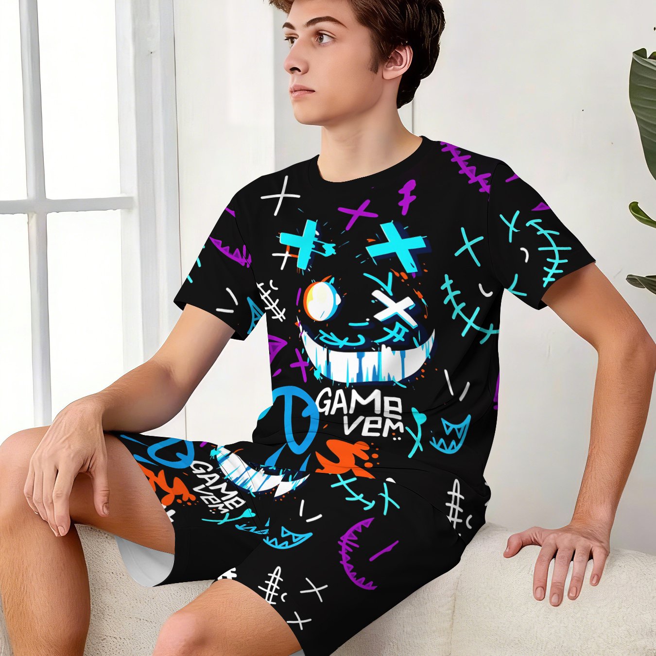 TEMU Lightweight, Breathable Youth Pajamas. Comfortable, Loose Fit With Short Sleeves And Shorts A 2pcs Set., For Teenager