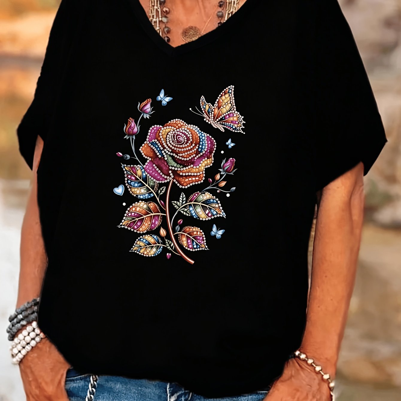 TEMU Plus Size Boho Style Women's V-neck Batwing Sleeves T-shirt Rose And Summer Casual Wear Gift For Her