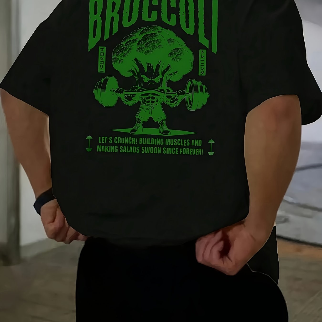 TEMU Casual sommarte-shirt för män med "BROCCOLI"-bokstavstryck - kortärmad, rund hals, stickad tyg, vanlig passform för fitness och fritid,