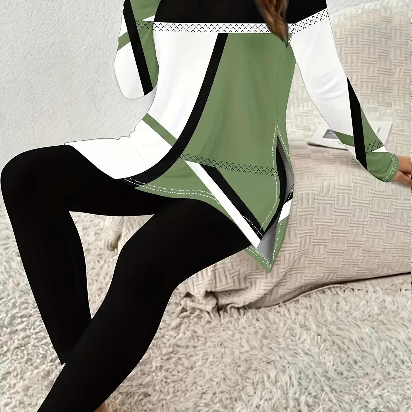 TEMU Conjunto de Top de Larga con Cuello y Pantalón Ajustado con Abertura Lateral, Estampado Geométrico Abstracto, Diseño Versátil y Moderno. Tejido