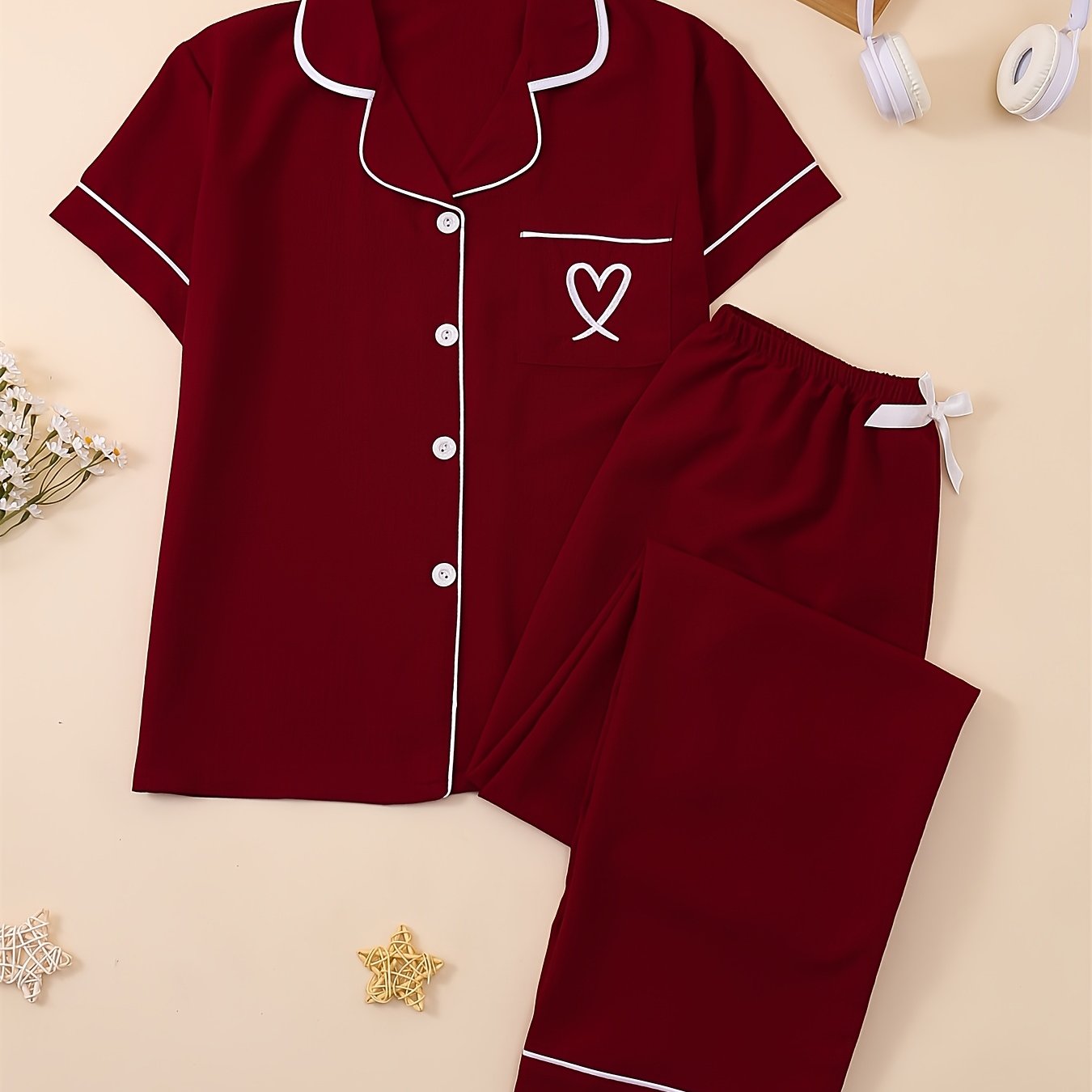 TEMU Women's 2pcs Heart Bow Pajama Set, Short Sleeve Cardigan And Elastic Waist Long Pants, Comfortable Sleepwear And Casual Loungewear For Spring
