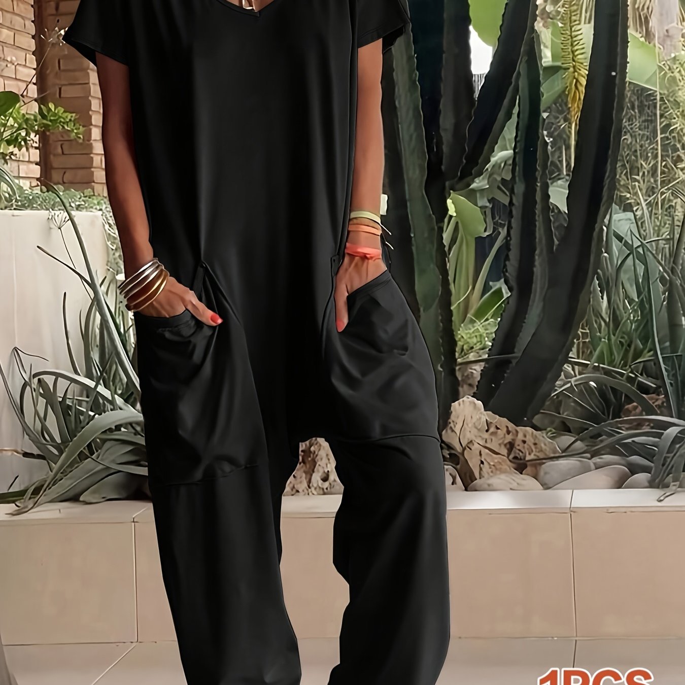 E-shop Plus Size Damen V-Ausschnitt Overall | Kurzarm Weitbein Overall | Mit Großen | Ideal für Urlaub, Casual/Formelle Anlässe, Frühling Sommer Herbst