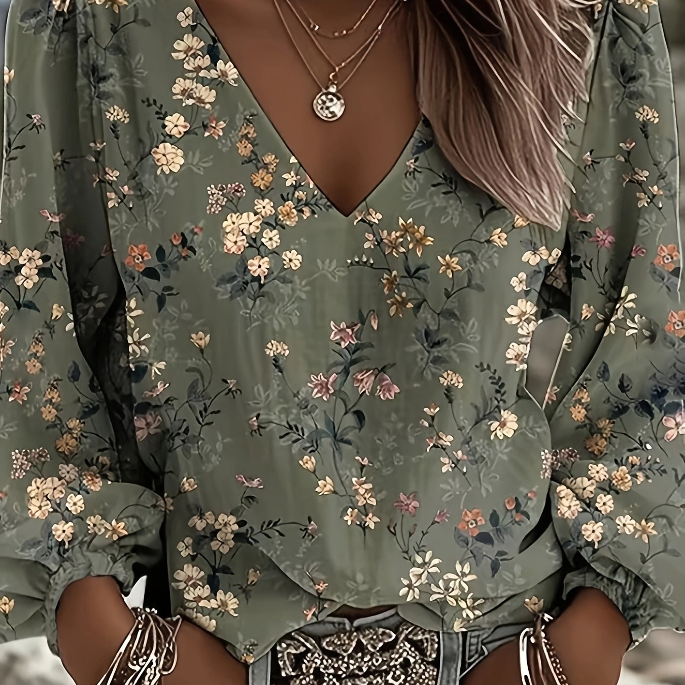 TEMU Women's V-neck Lantern Sleeve Top