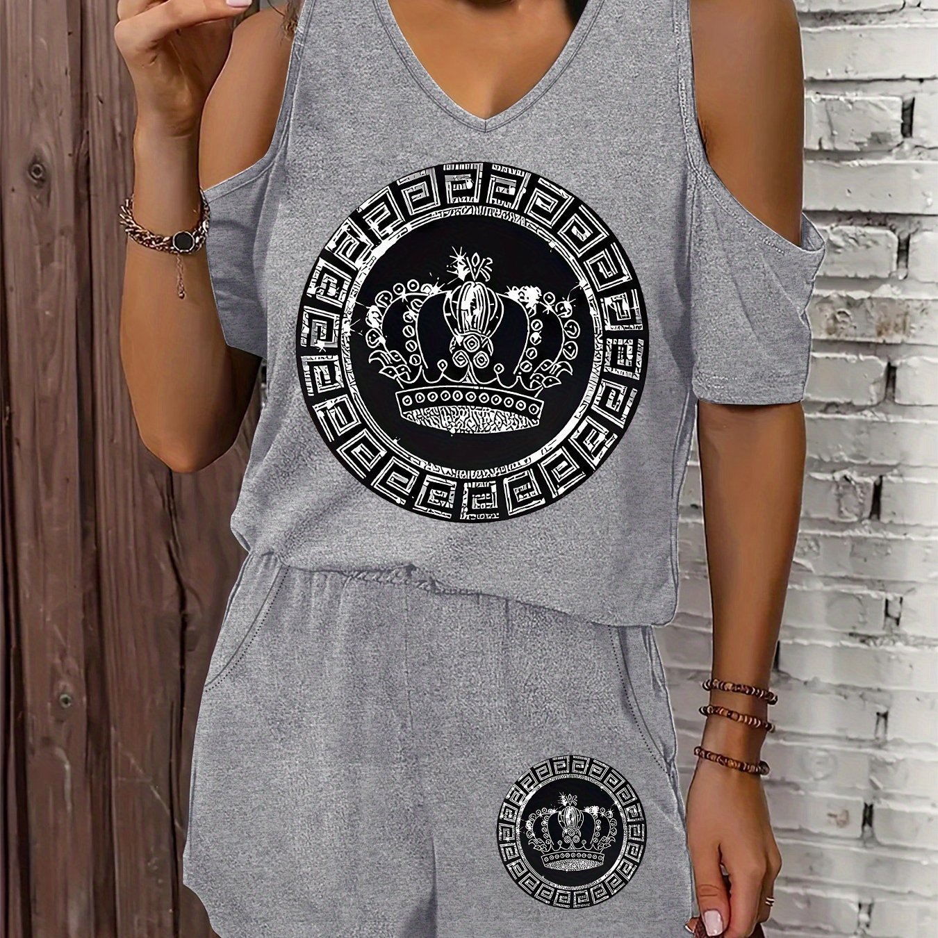 TEMU Set Due Pezzi con Stampa , Maglietta a Maniche Corte e Pantaloncini, Abbigliamento Donna