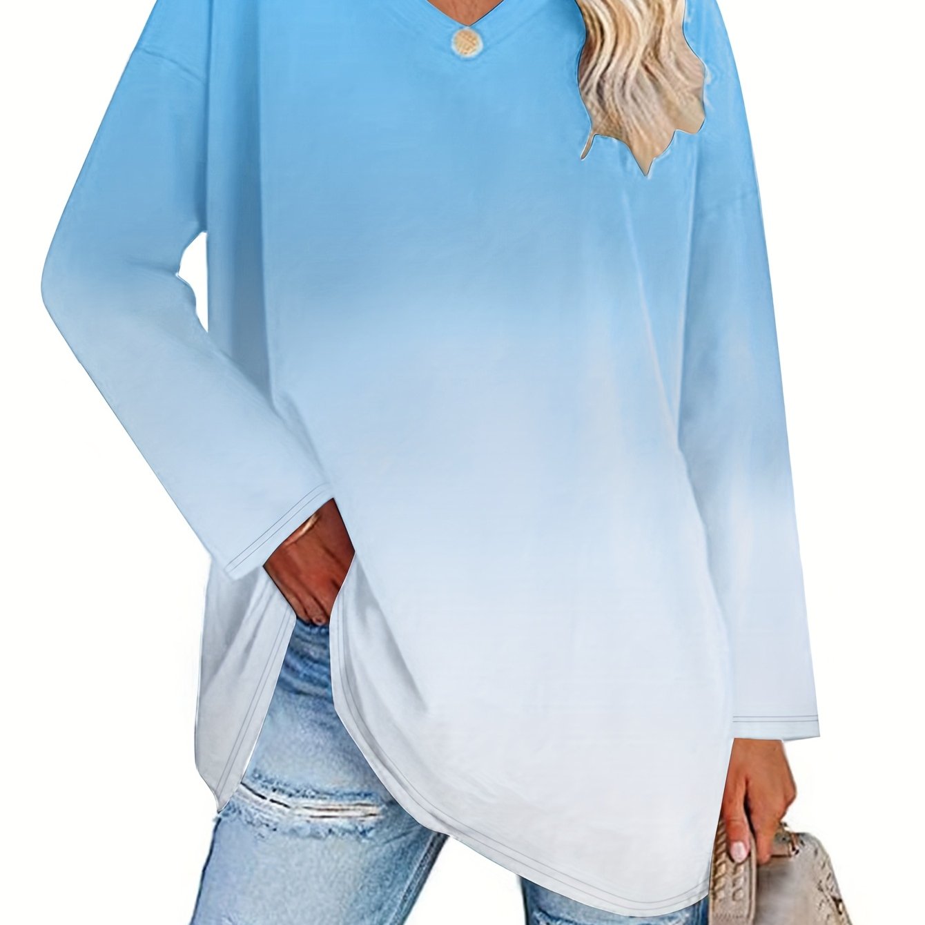 E-shop Plus Size, Cross-Border Europäische Amerikanische Damenbekleidung, Außenhandel Neu Locker Langarm V-Ausschnitt Farbverlauf Damenoberteil