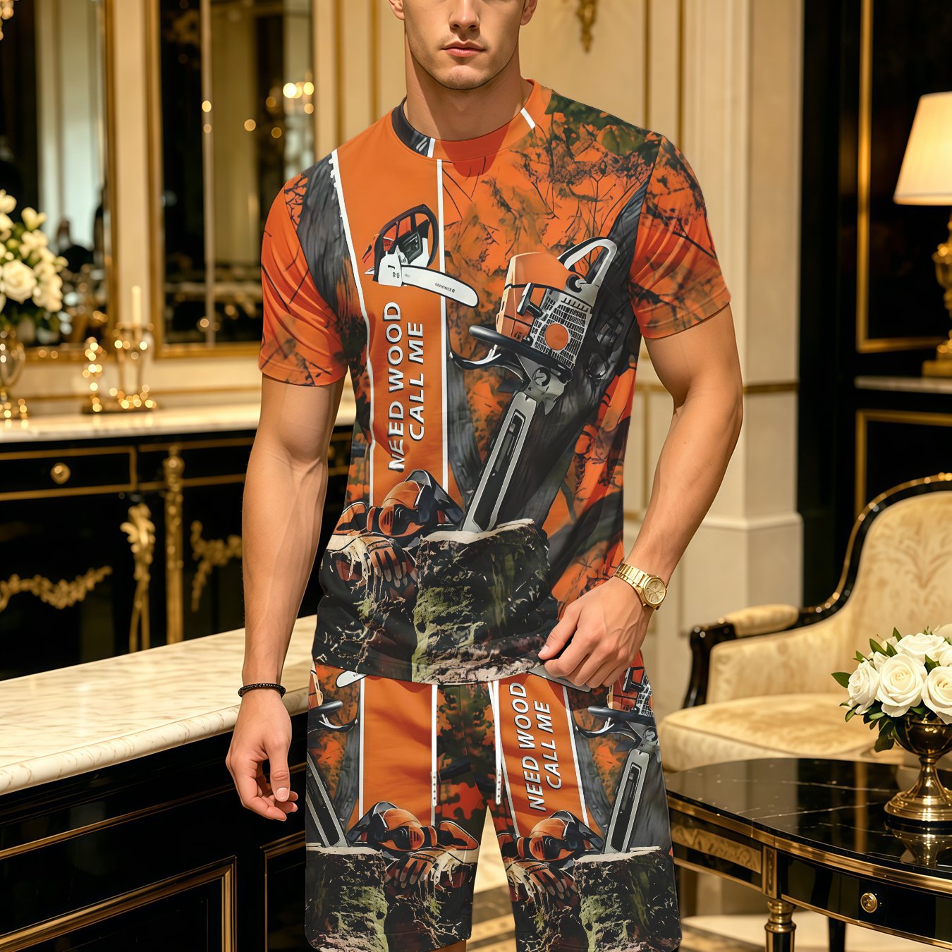 TEMU Men's 3d Printed Short Sleeve And Shorts Set - Chainsaw Woodcutting Design, Round Neck Casual Wear, Breathable Summer Outfit For Outdoor