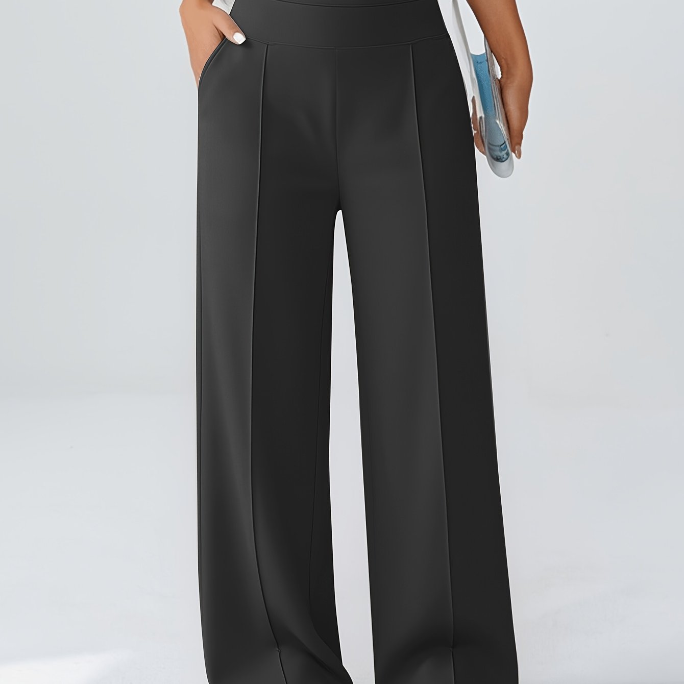 TEMU Spring And Autumn Women's Casual Versatile Wide-leg Pants (2 Pockets) High-waisted Elastic Waist Design Straight-leg Long Pants Breathable Loose