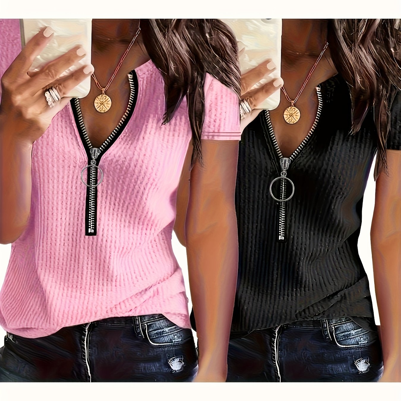 E-shop 2 Stück Frühling/Sommer Einfarbige Rundhals-T-Shirts mit Reißverschluss, Kurzarm-Oberteile für Damen – Maschinenwaschbar, Ideal für Casual-Look