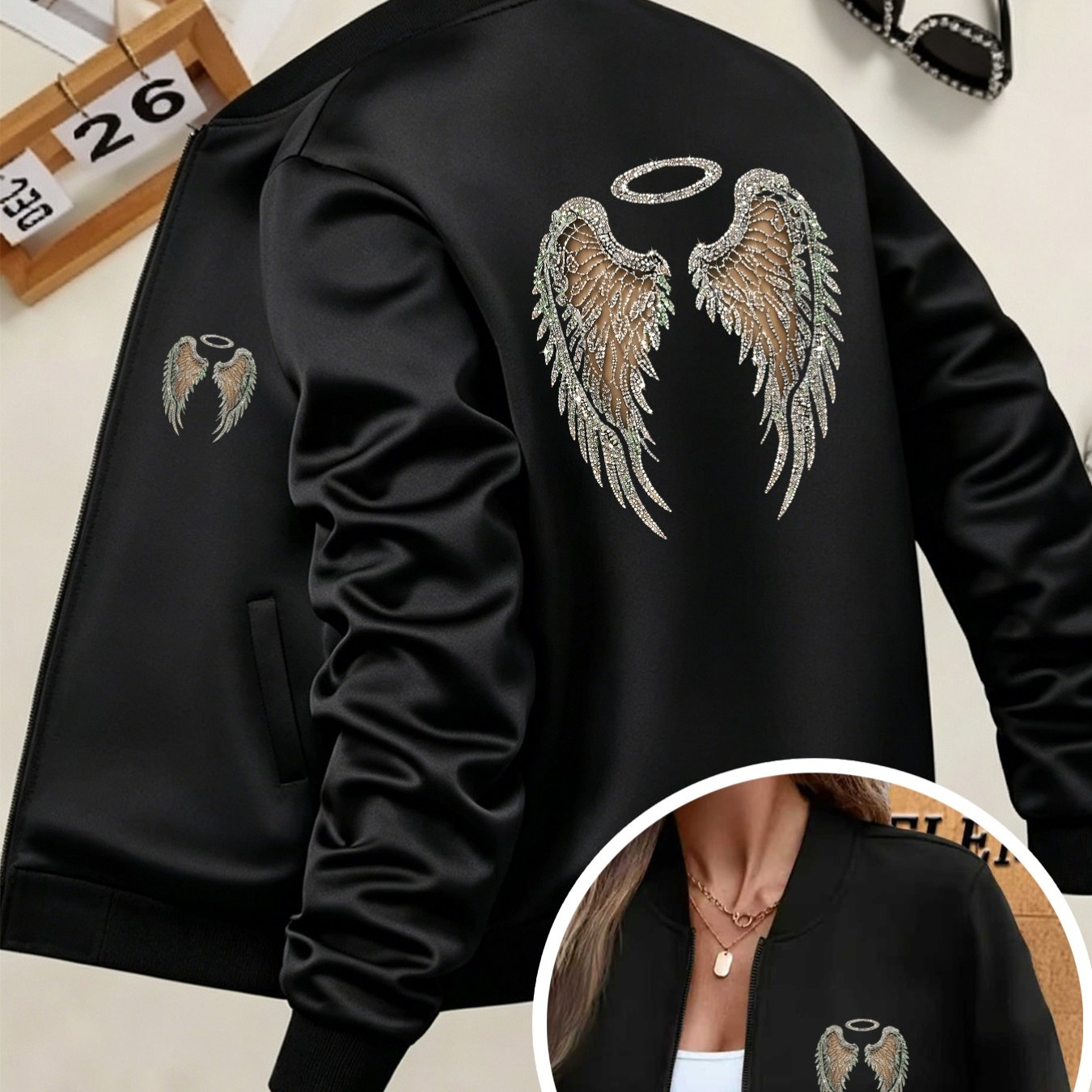 TEMU Women's Jacket With Front And Back Printed Halo Sketch Wing Print Trendy Jacket For Women