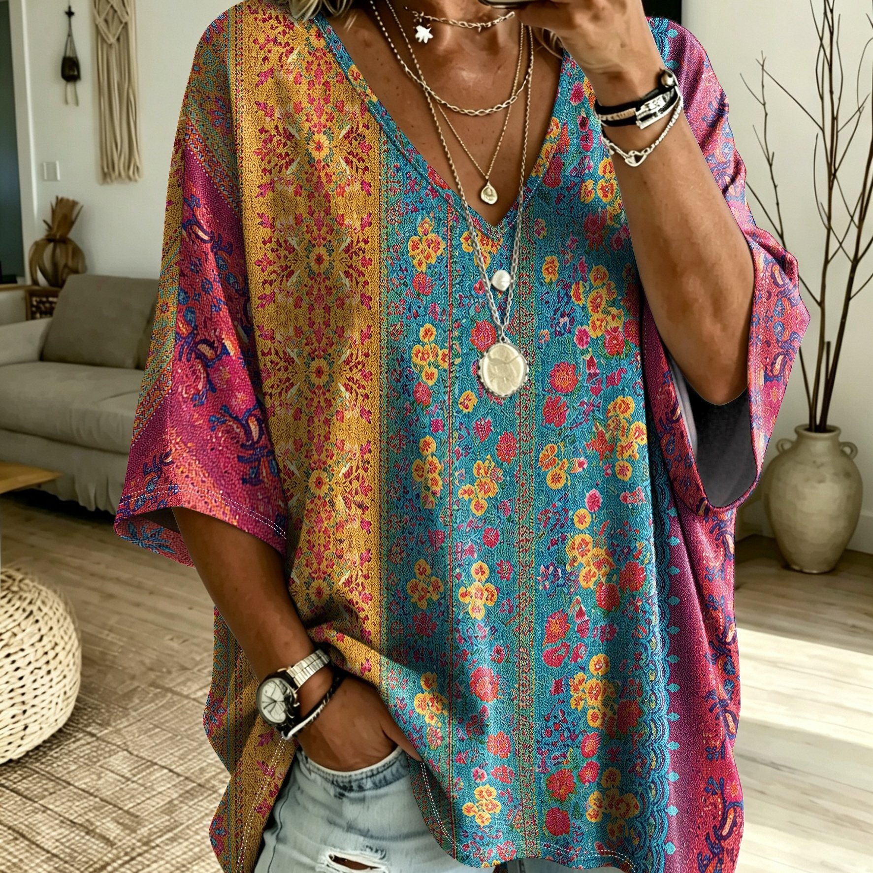 TEMU Plus Size, Bohemian Print T-shirt, Plus Size V-neck Women's Ethnic Style, European And American Art -part Batwing Sleeve Loose Fit Comfortable