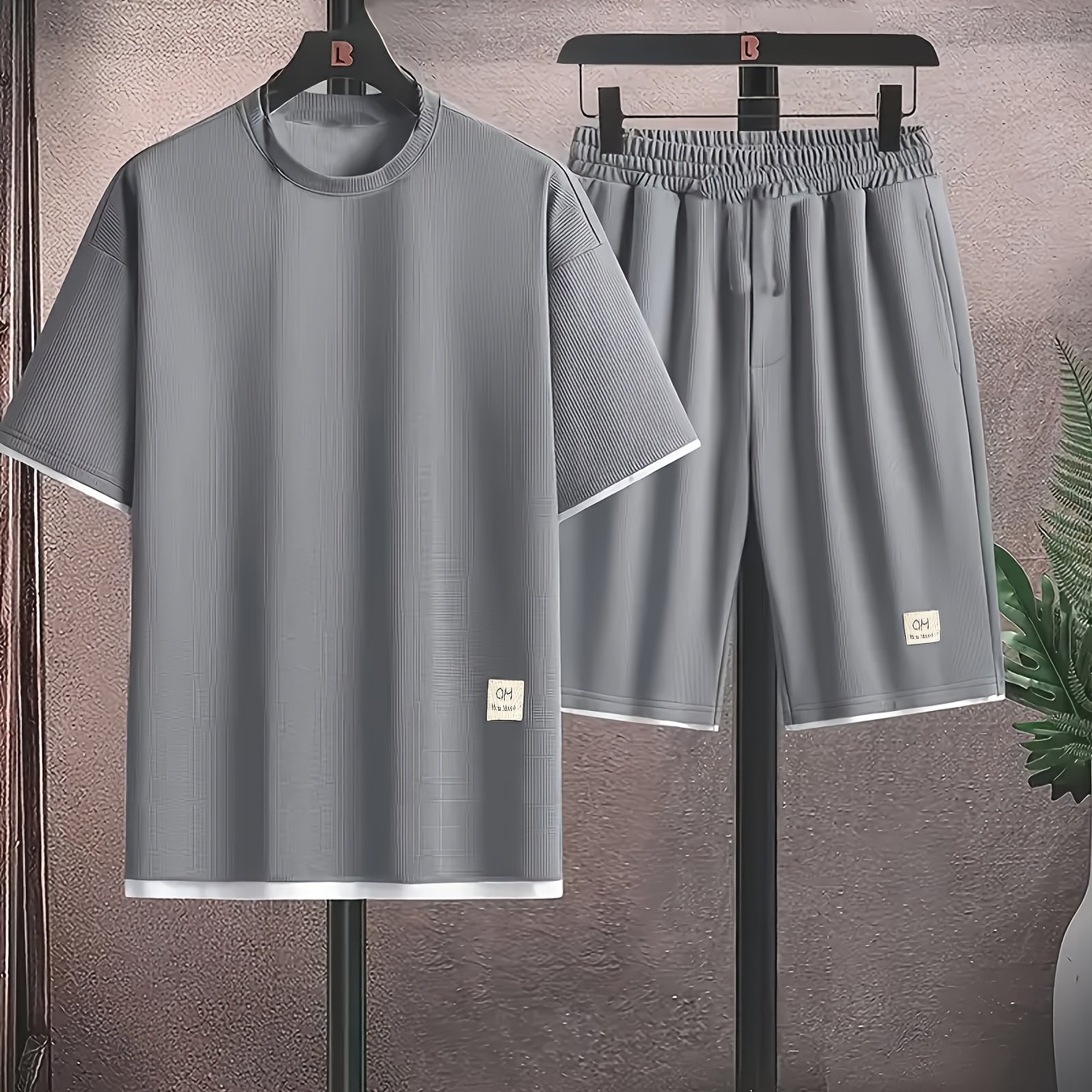 Image of Waffle Knit Men's Short-sleeve And Shorts Set, A Suitable For Men To Wear Outdoors , Summer, And Autumn