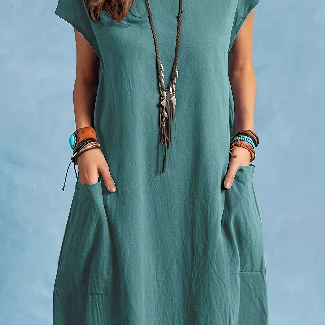Image of Women's Summer Round Neck Batwing Sleeve Straight Casual Dress, With Double Pockets