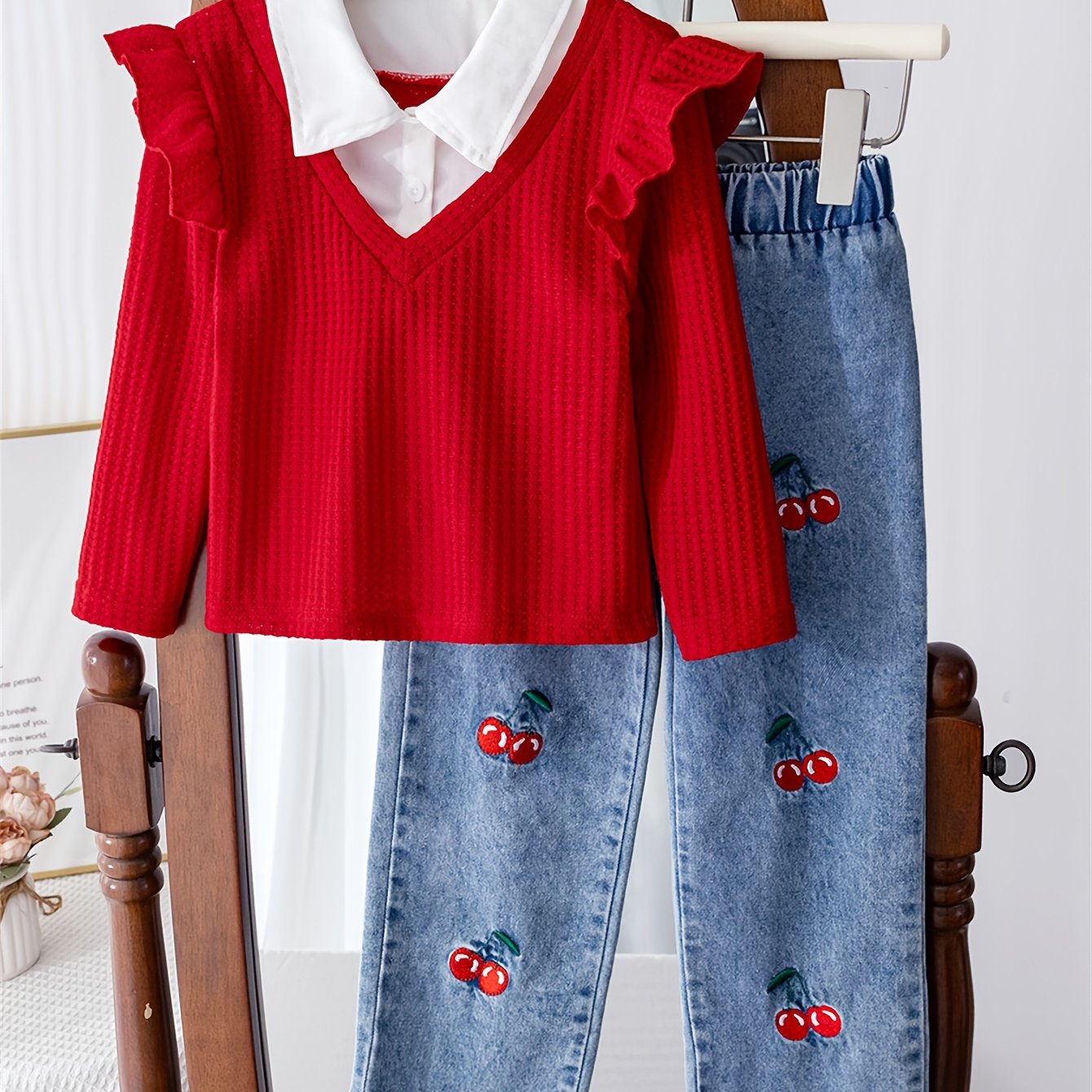 Girls' Casual Long Sleeve Fake Two-piece Top And Jeans Set, Outdoor