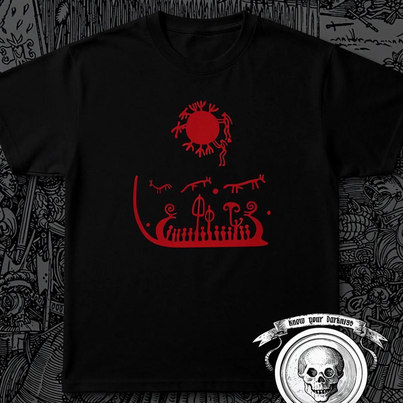 Image of For Viking Norse Pagan Shirt With Tanum Rock Petroglyphs And Print - Historical For Viking Attire, Norse Cultural Apparel, Machine Washable For Viking Reenactment And Norse-themed Events