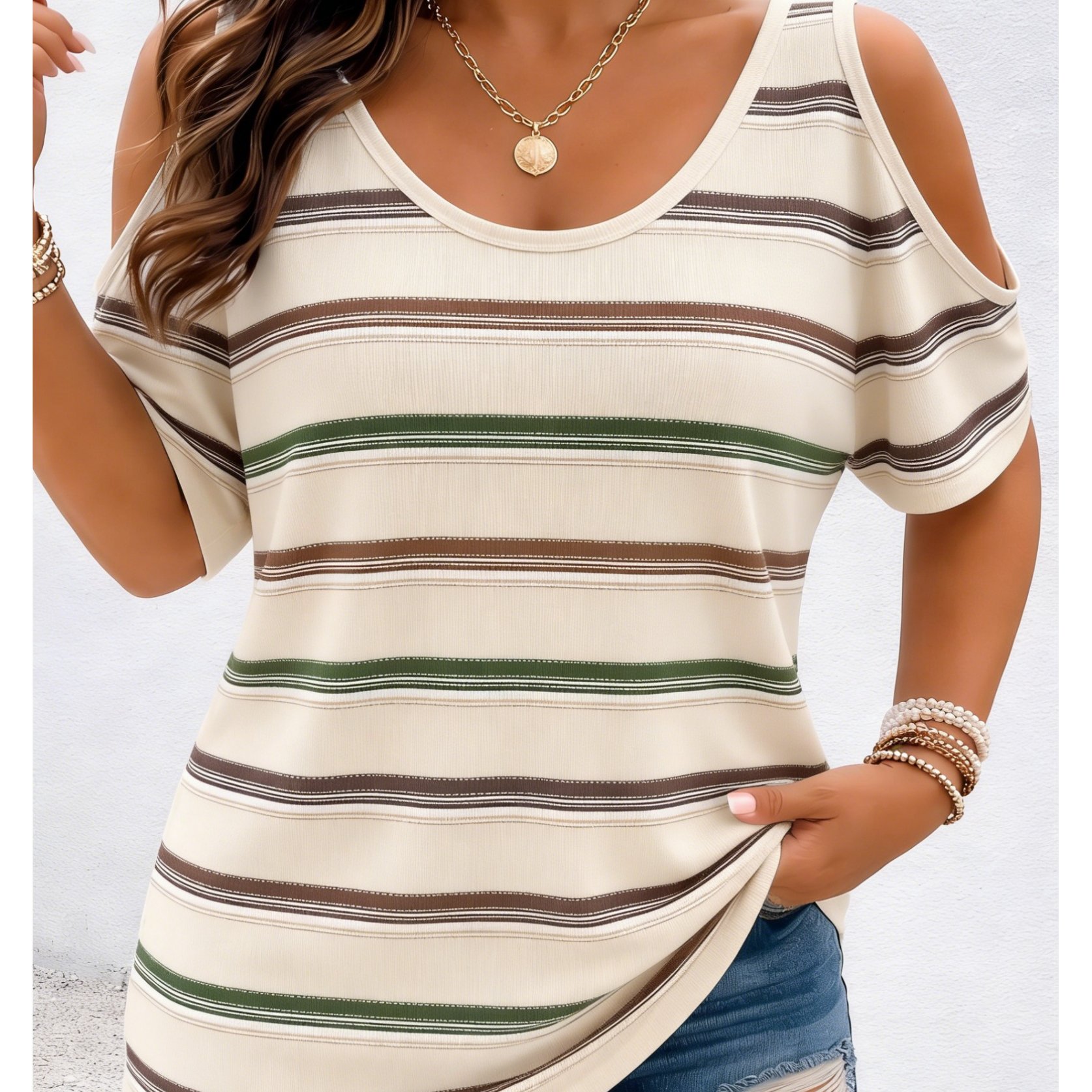 TEMU Women's Contrast Striped Round Neck Off-shoulder Short Sleeve T-shirt, Summer Loose Fit Tummy Control Lazy Style Versatile Top